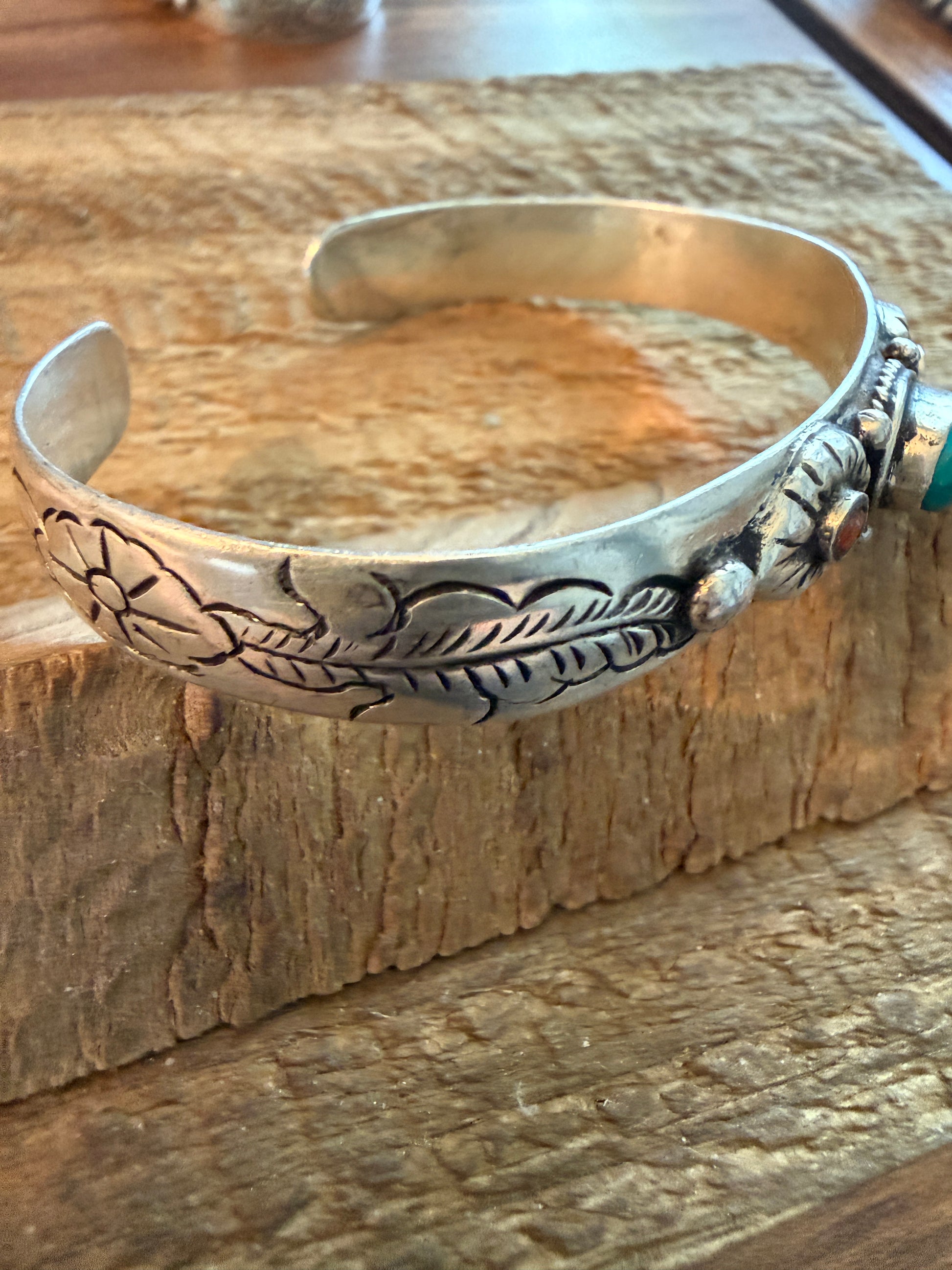 Navajo Style Blue Turquoise and Coral Bangle Bracelet, German Silver Silver Elegant