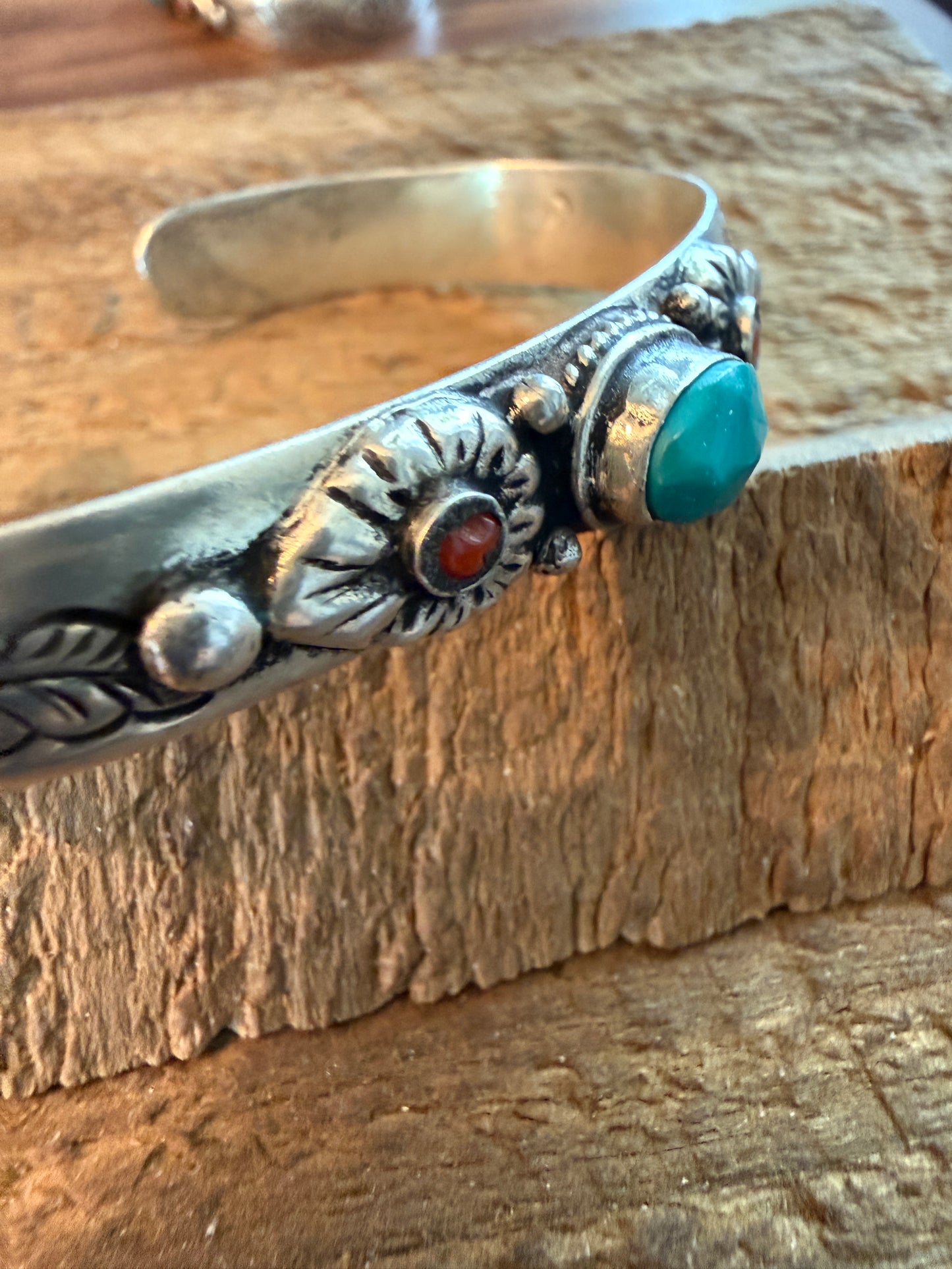 Navajo Style Blue Turquoise and Coral Bangle Bracelet, German Silver Silver Elegant