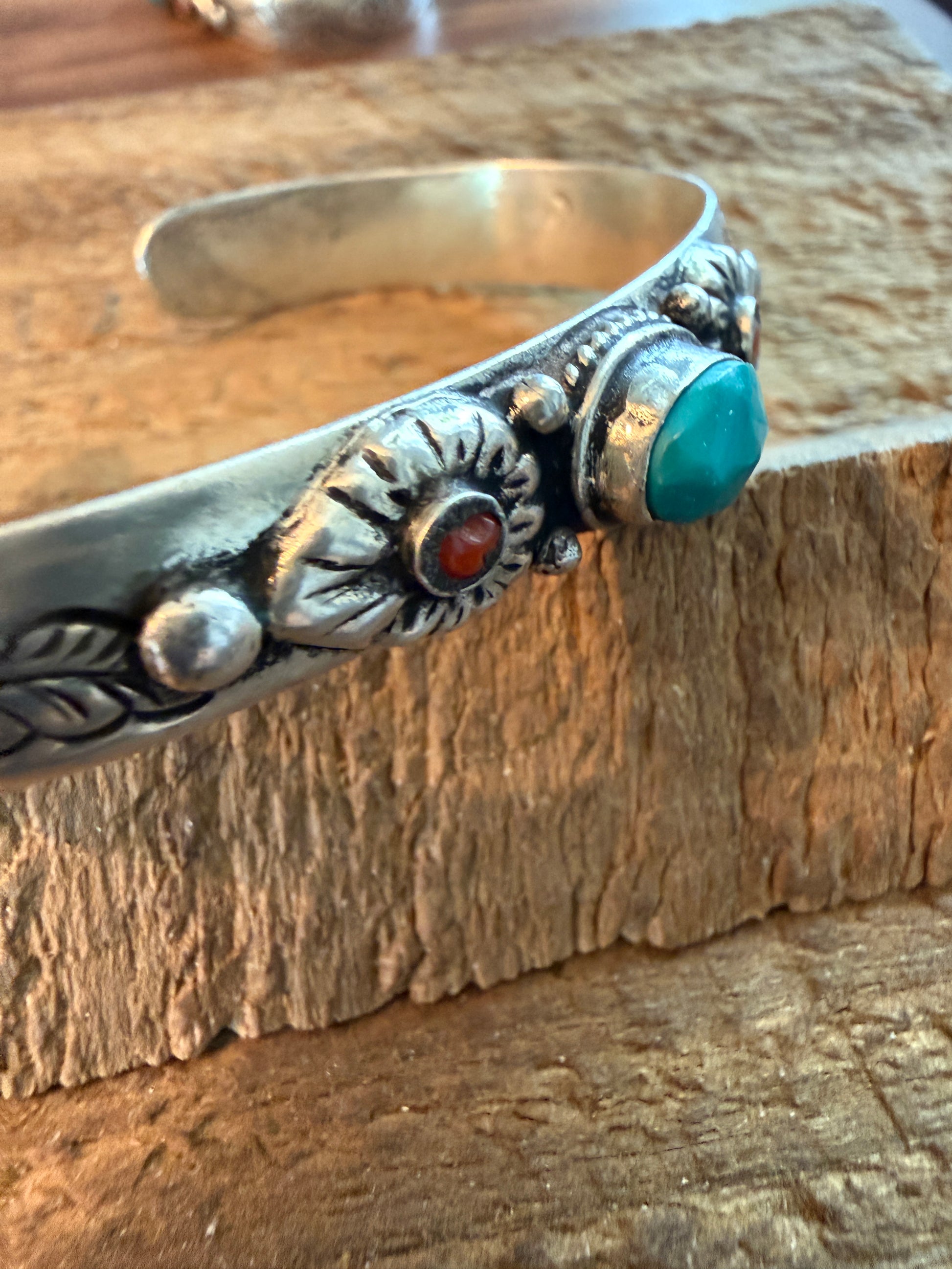 Navajo Style Blue Turquoise and Coral Bangle Bracelet, German Silver Silver Elegant