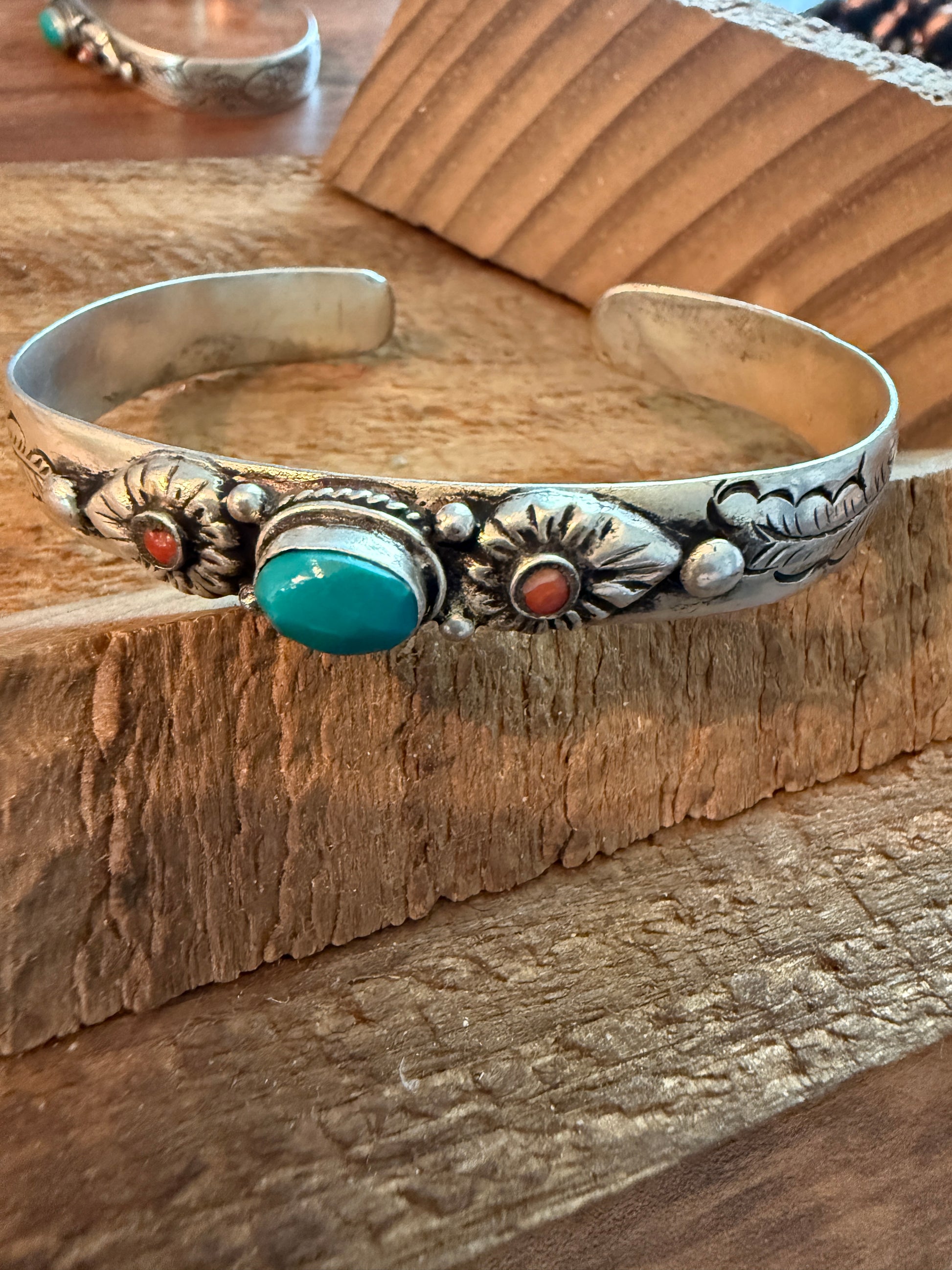 Navajo Style Blue Turquoise and Coral Bangle Bracelet, German Silver Silver Elegant