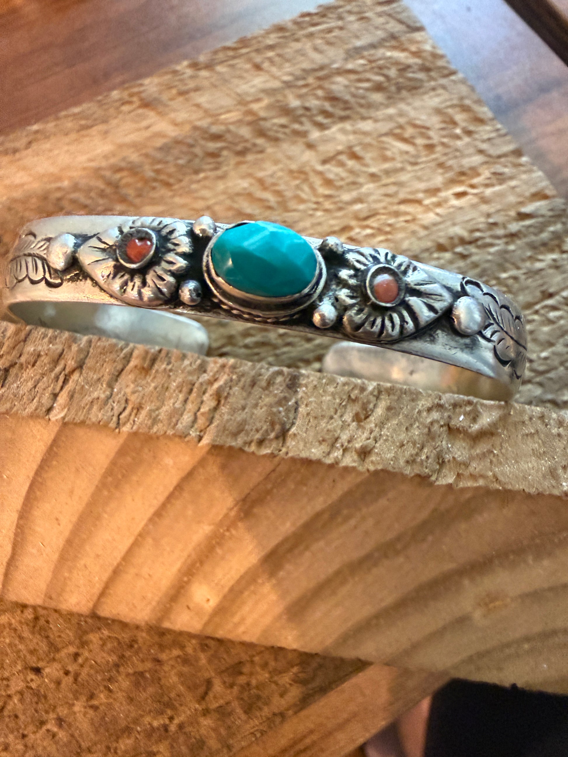 Navajo Style Blue Turquoise and Coral Bangle Bracelet, German Silver Silver Elegant