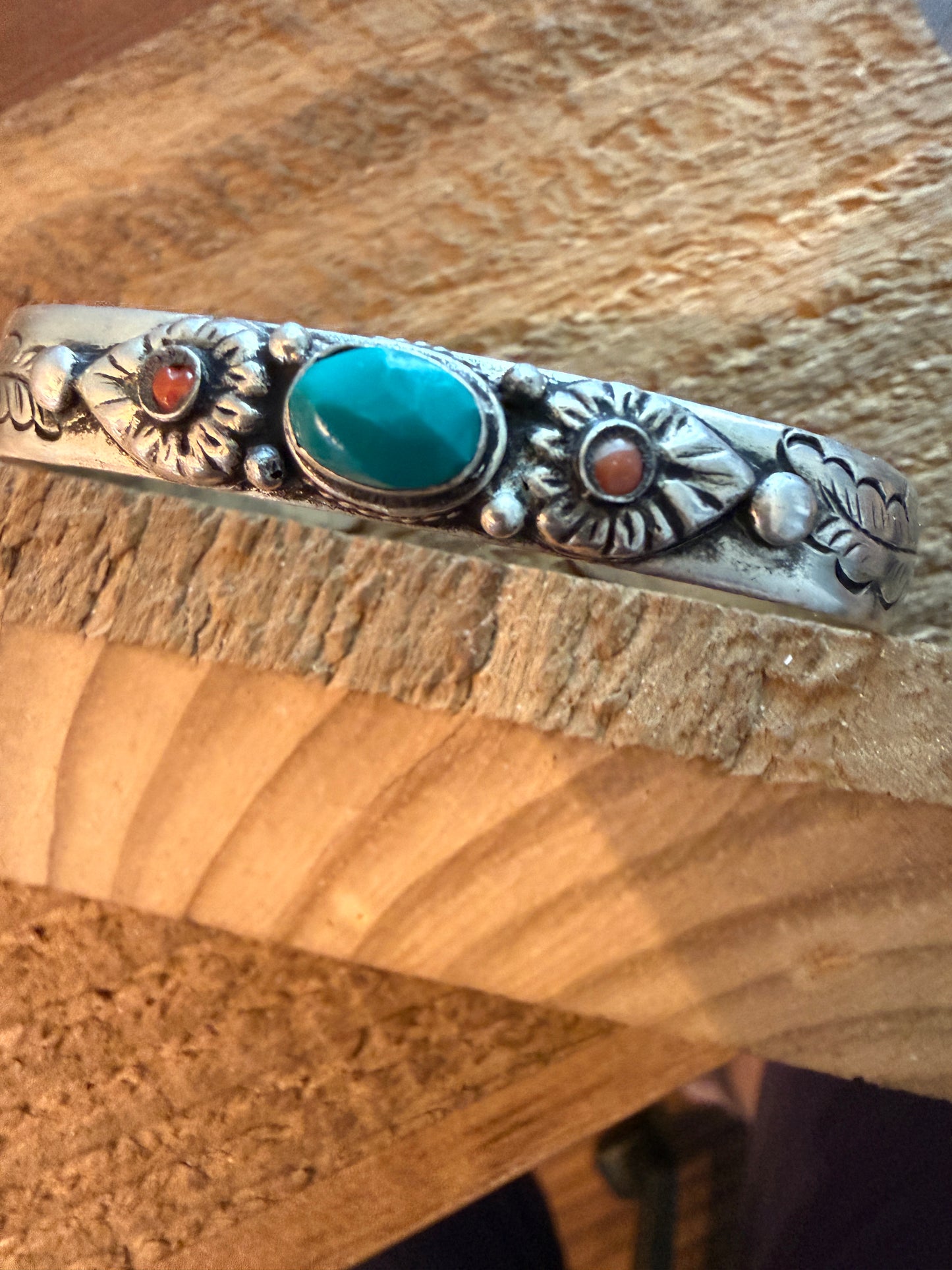 Navajo Style Blue Turquoise and Coral Bangle Bracelet, German Silver Silver Elegant