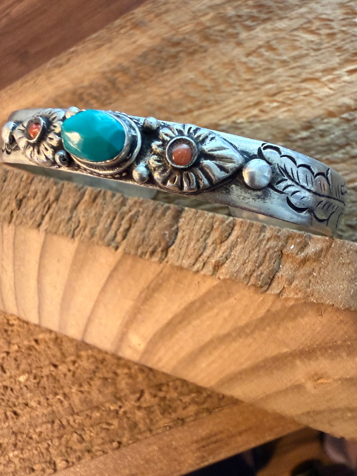Navajo Style Blue Turquoise and Coral Bangle Bracelet, German Silver Silver Elegant