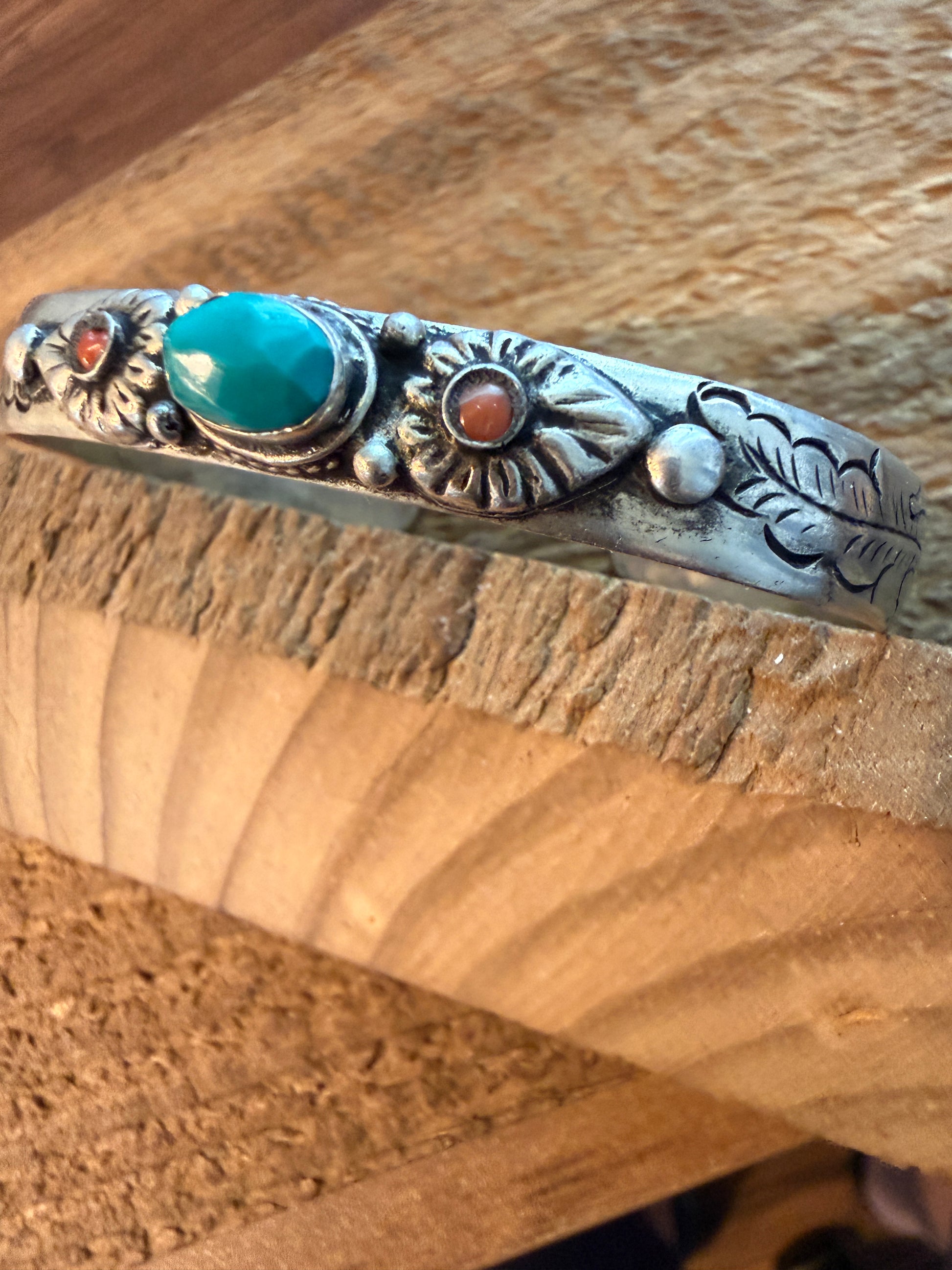 Navajo Style Blue Turquoise and Coral Bangle Bracelet, German Silver Silver Elegant
