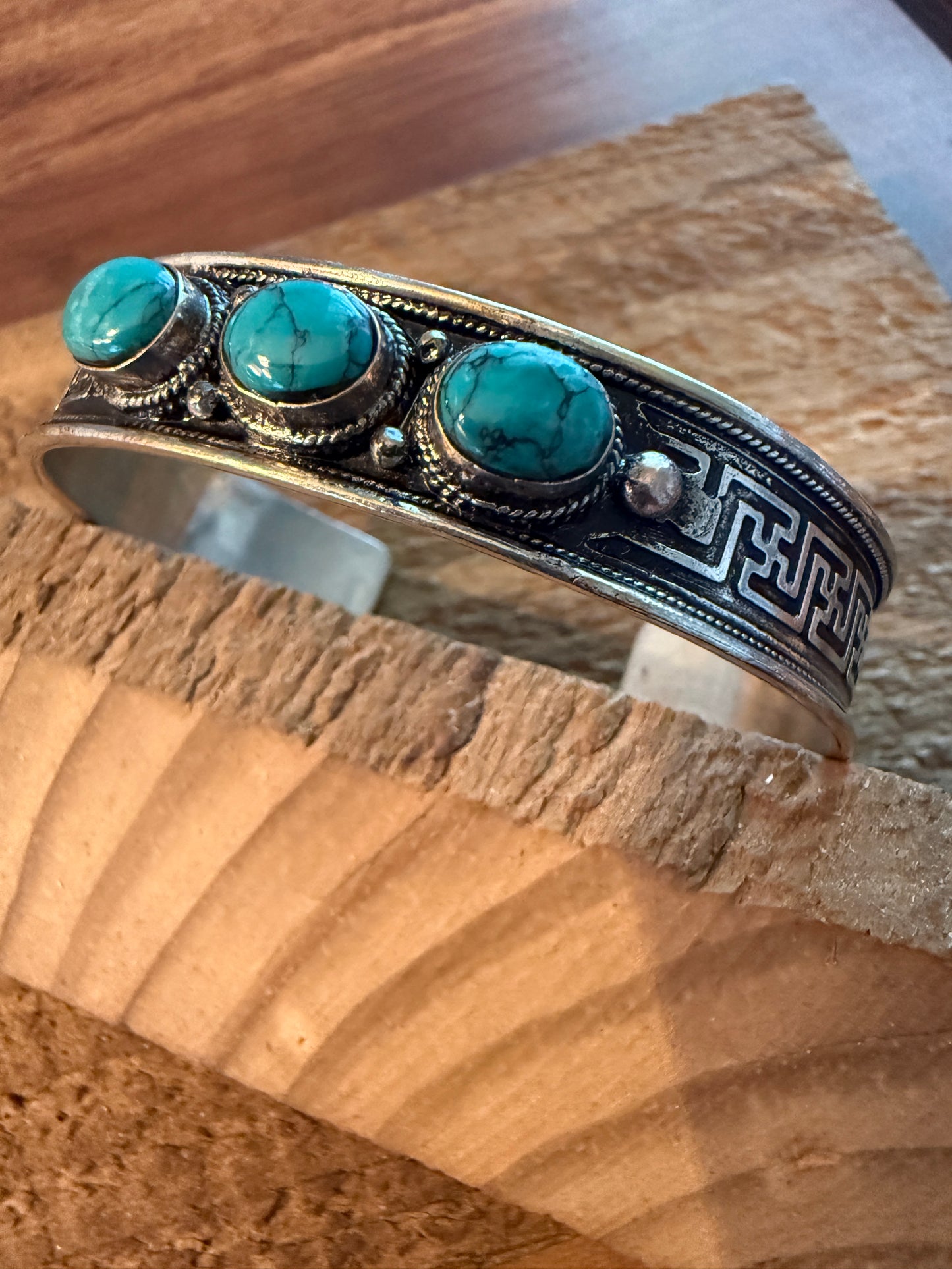 Navajo Style Blue Turquoise Natural Stone Bangle, Germain Silver WildWestBoho