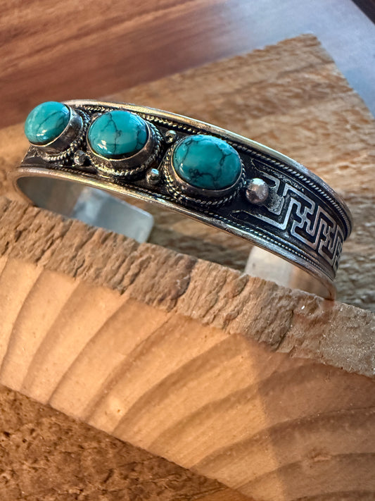 Navajo Style Blue Turquoise Natural Stone Bangle, Germain Silver WildWestBoho