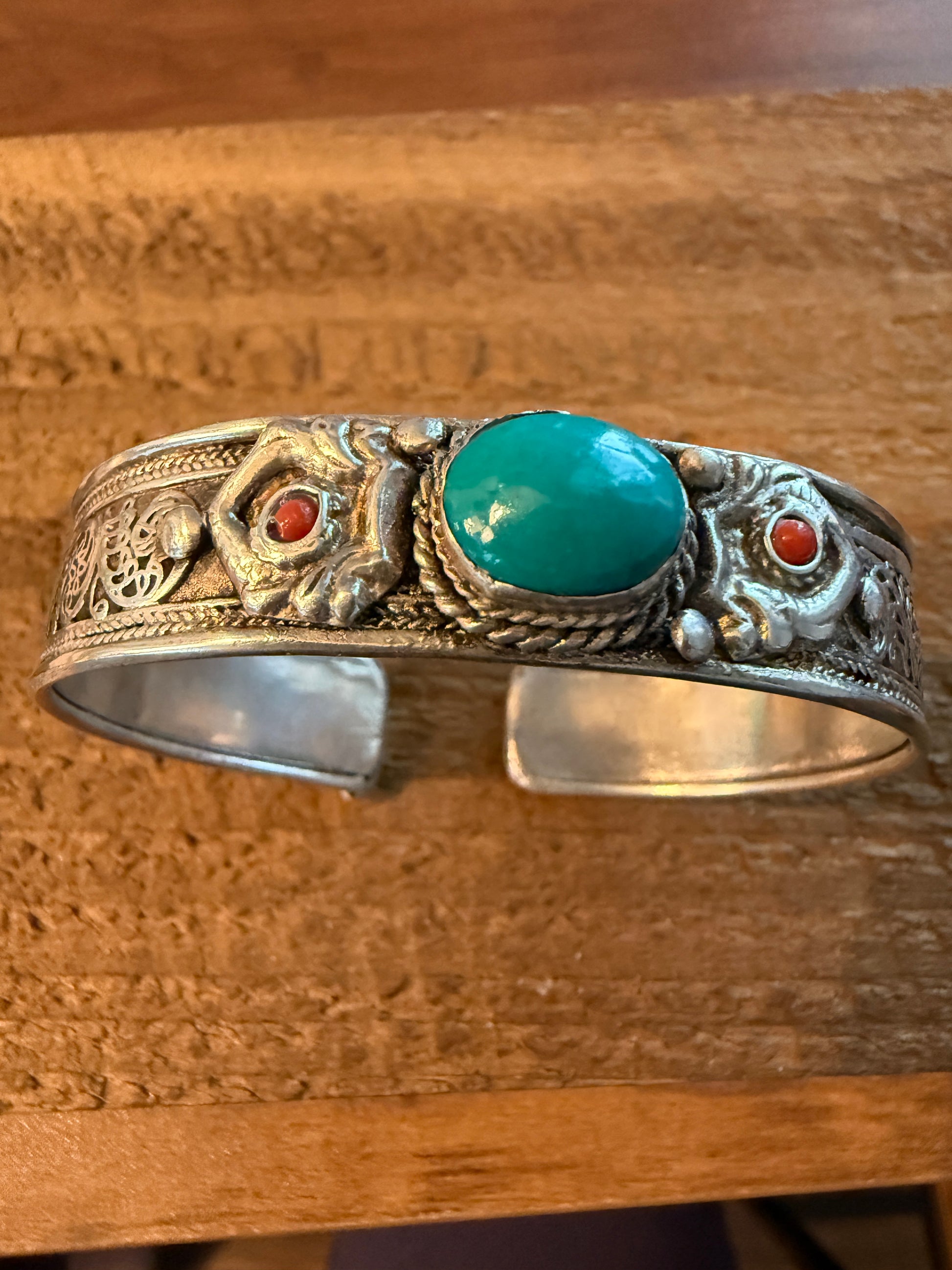 Navajo Style Blue Turquoise And Red Coral German Silver Cuff Bangle Bracelet WildWestBoho