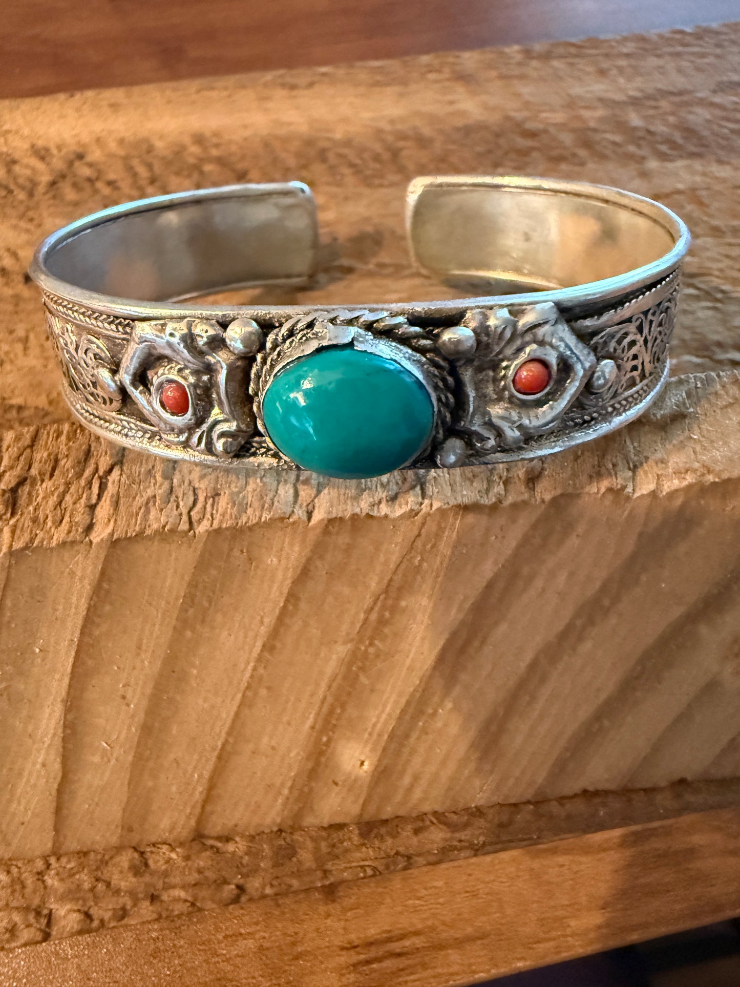 Navajo Style Blue Turquoise And Red Coral German Silver Cuff Bangle Bracelet WildWestBoho
