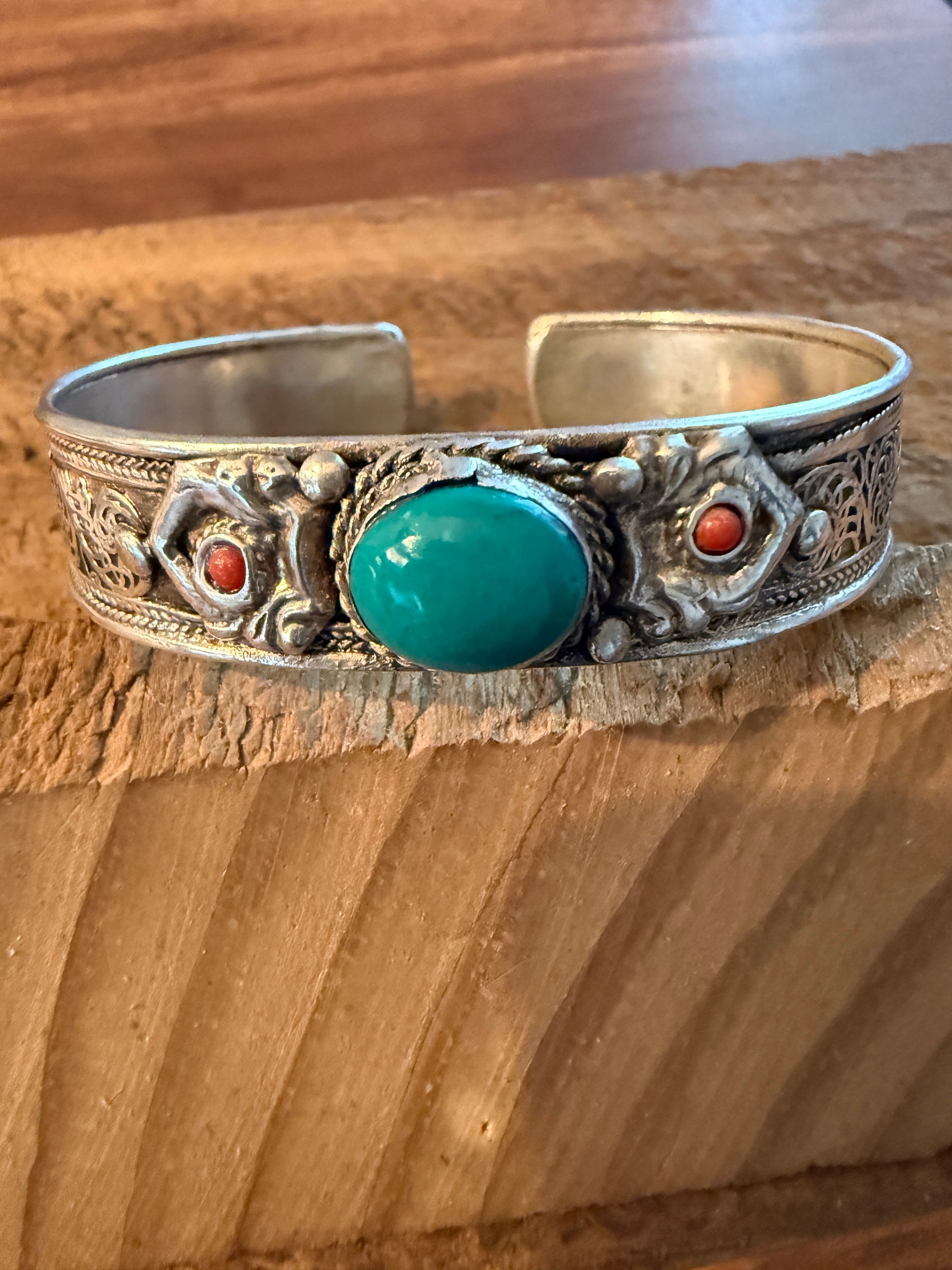 Navajo Style Blue Turquoise And Red Coral German Silver Cuff Bangle Bracelet WildWestBoho