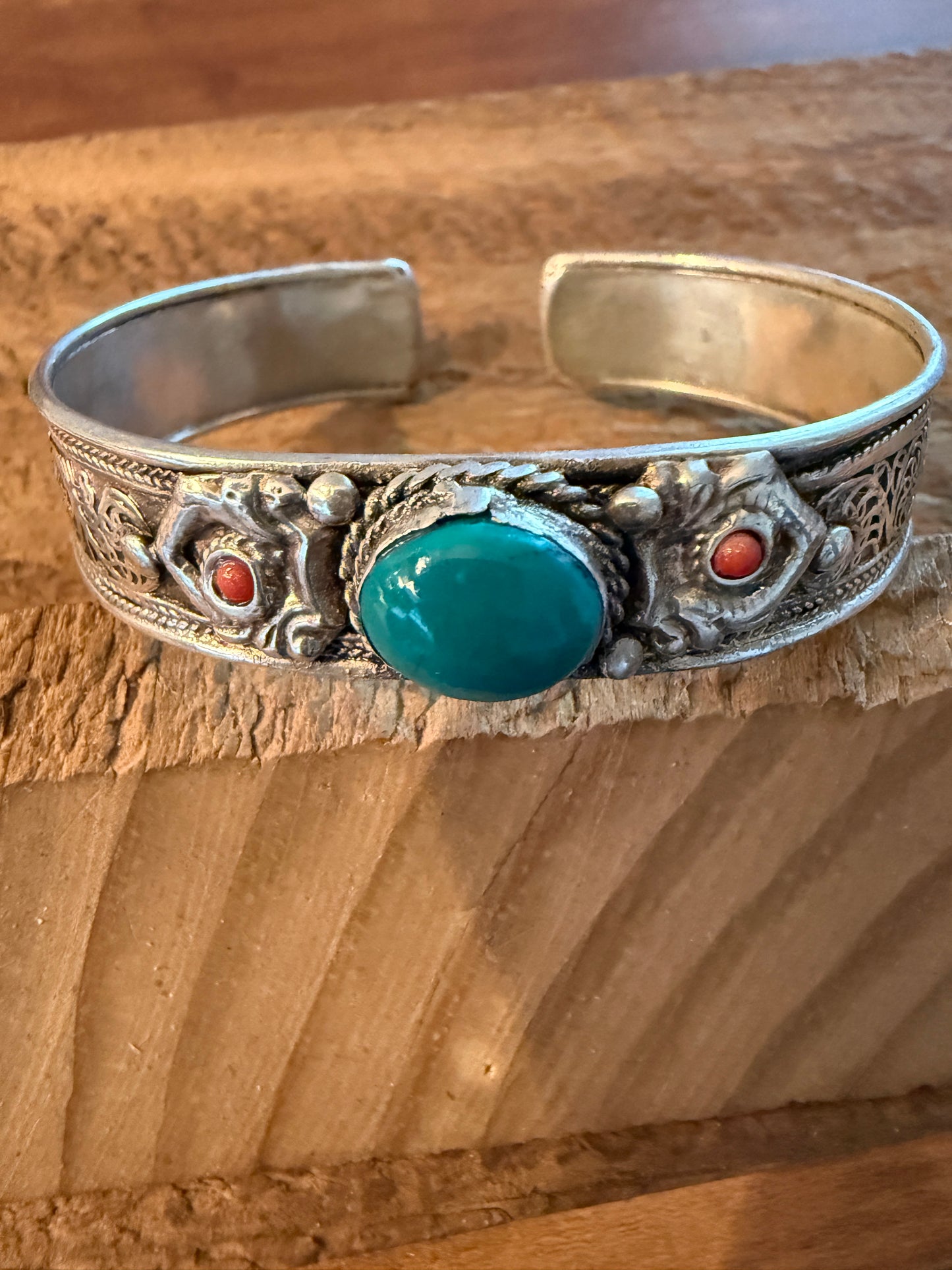 Navajo Style Blue Turquoise And Red Coral German Silver Cuff Bangle Bracelet WildWestBoho
