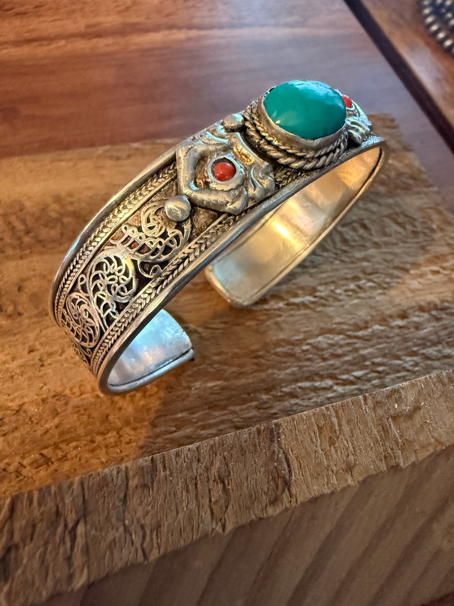 Navajo Style Blue Turquoise And Red Coral German Silver Cuff Bangle Bracelet WildWestBoho