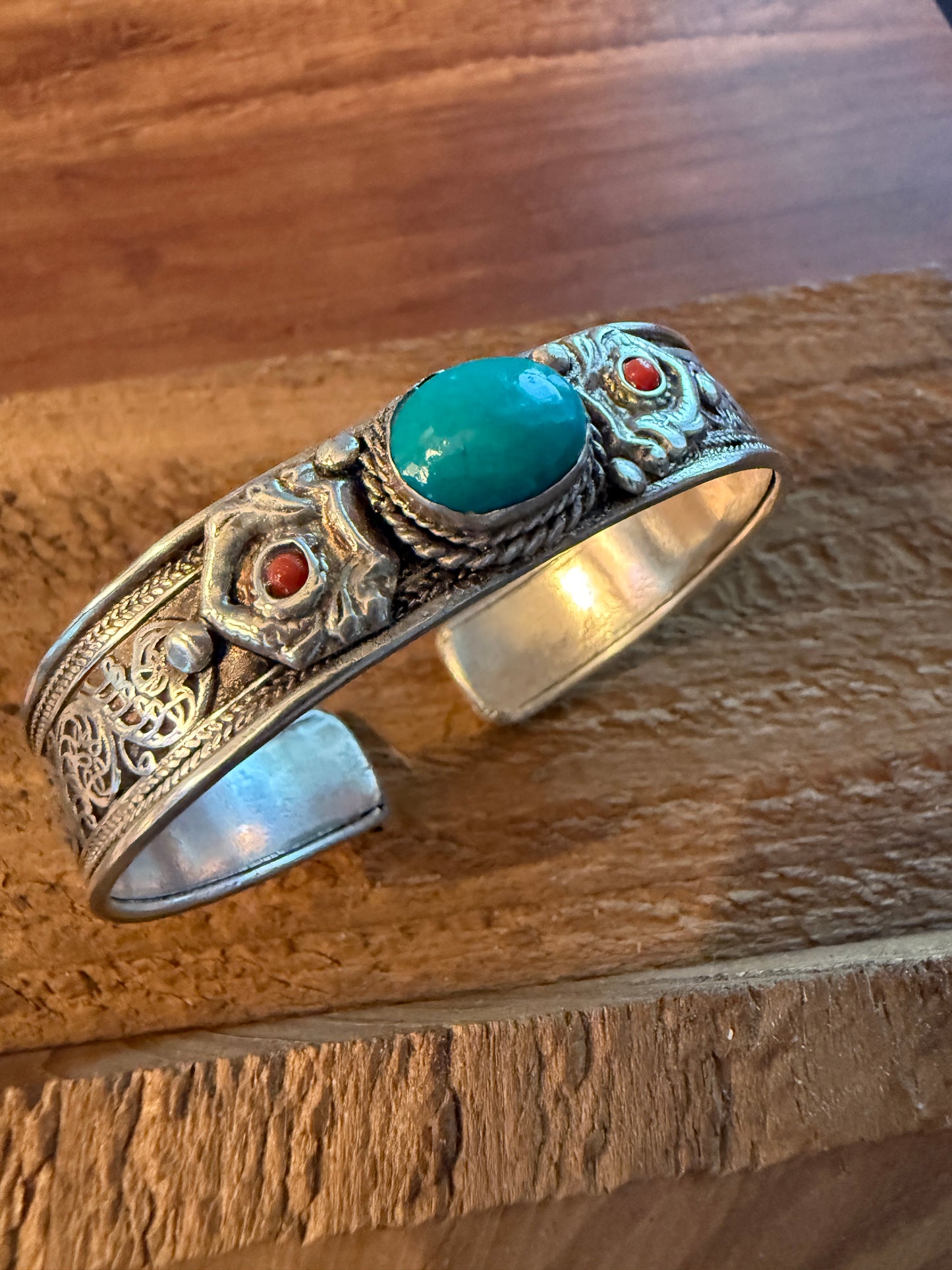 Navajo Style Blue Turquoise And Red Coral German Silver Cuff Bangle Bracelet WildWestBoho