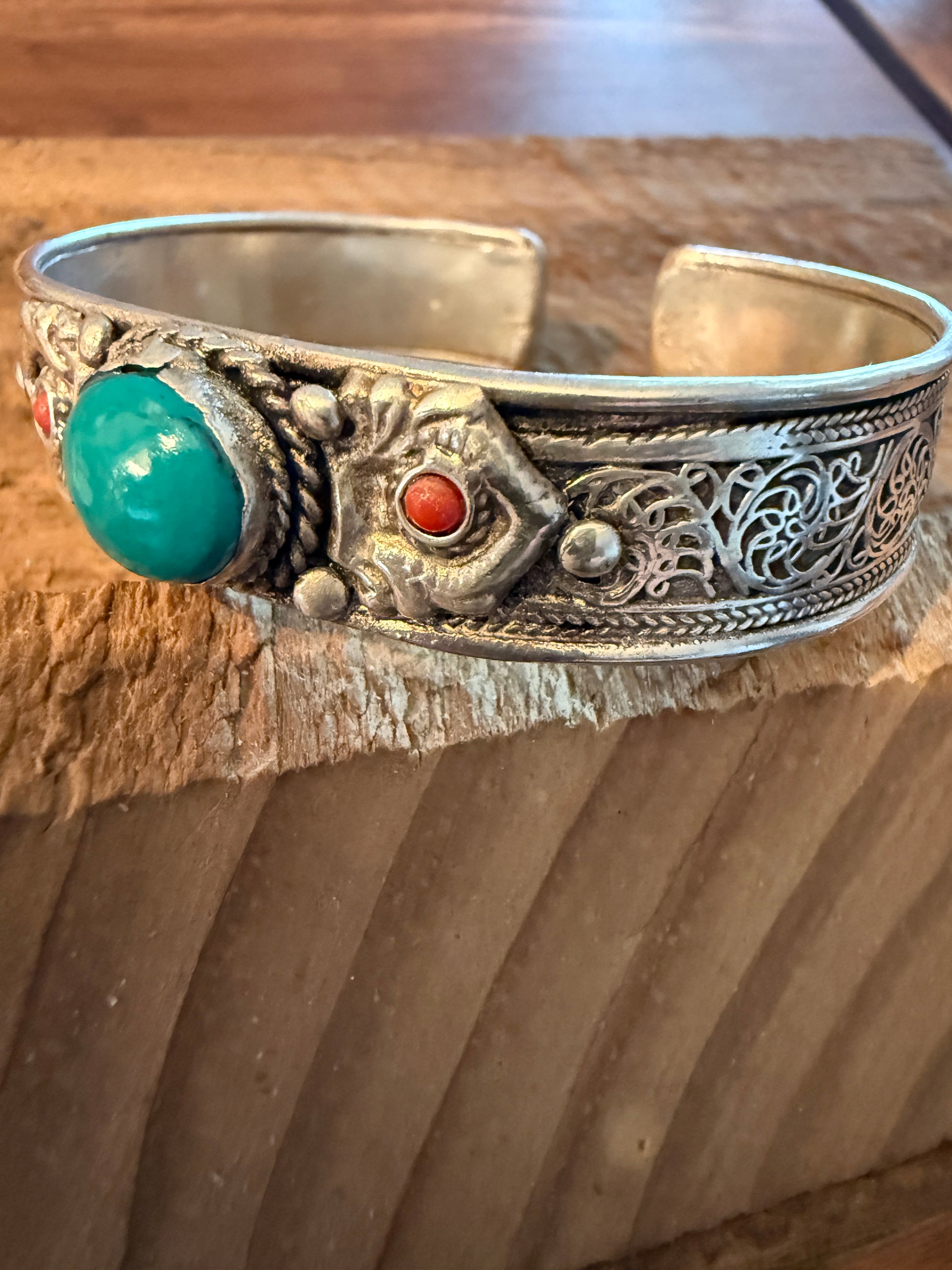 Navajo Style Blue Turquoise And Red Coral German Silver Cuff Bangle Bracelet WildWestBoho