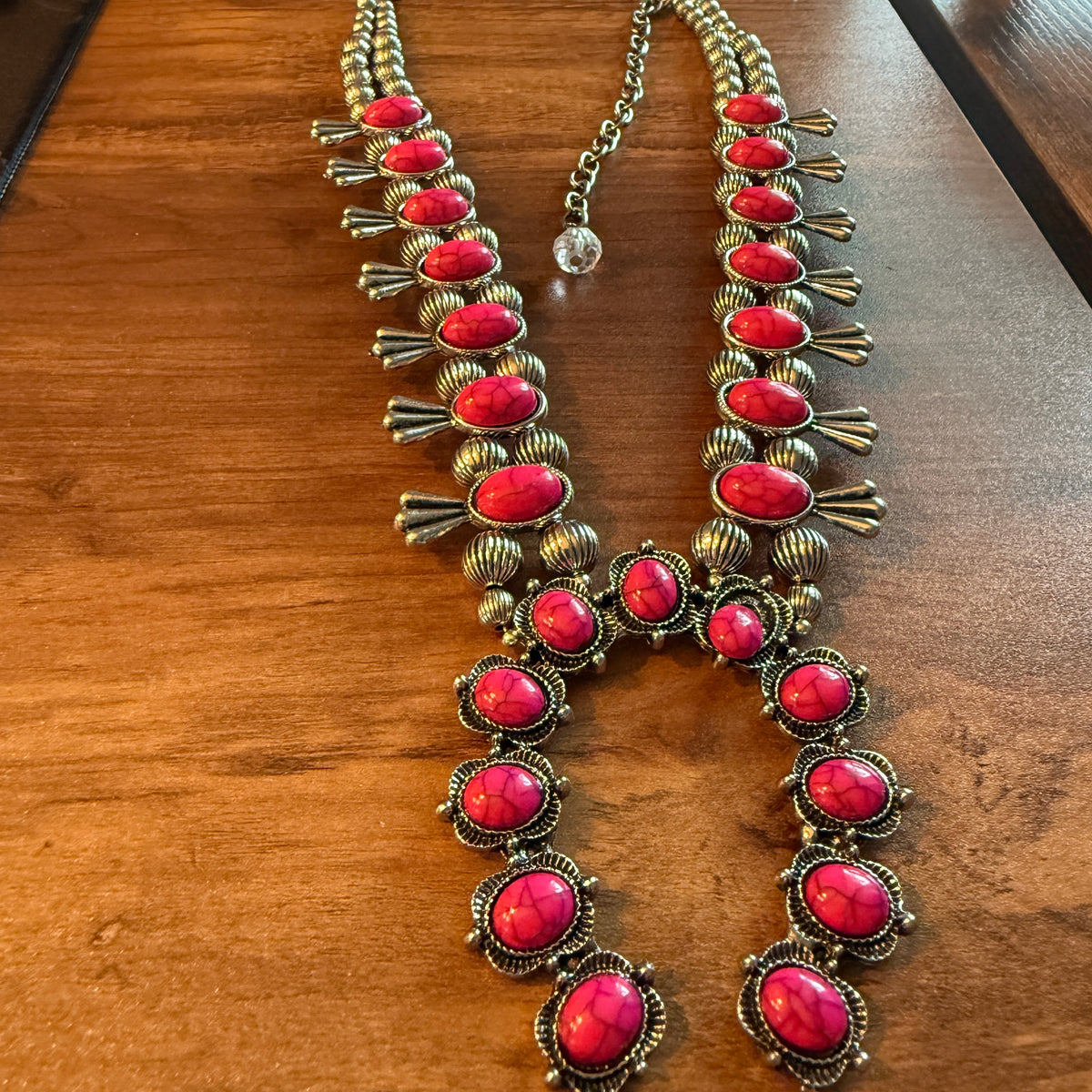 Handcrafted Boho Silver Squash Blossom Necklace With Faux Coral  Stone Silver Elegant
