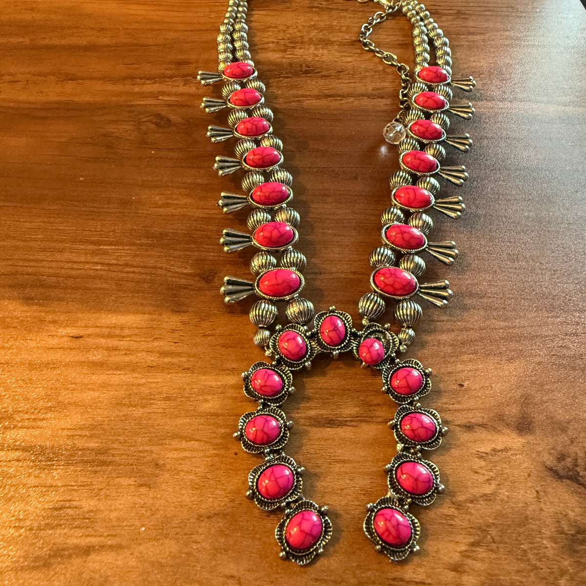 Handcrafted Boho Silver Squash Blossom Necklace With Faux Coral  Stone Silver Elegant