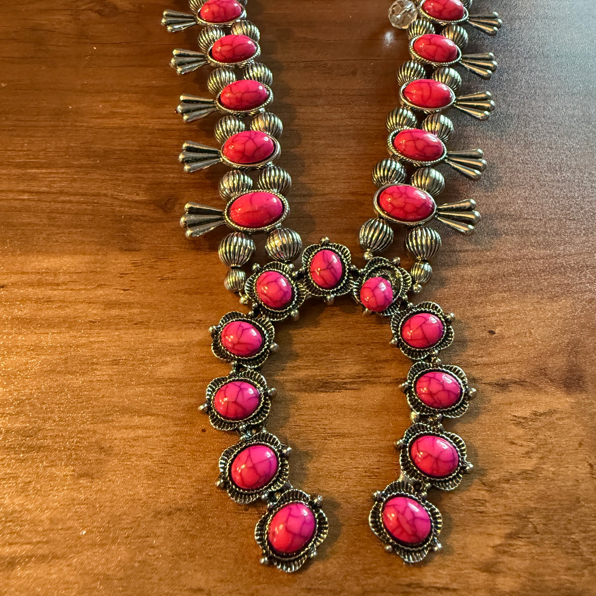 Handcrafted Boho Silver Squash Blossom Necklace With Faux Coral  Stone Silver Elegant
