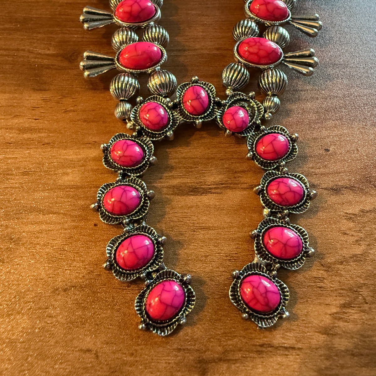 Handcrafted Boho Silver Squash Blossom Necklace With Faux Coral  Stone Silver Elegant