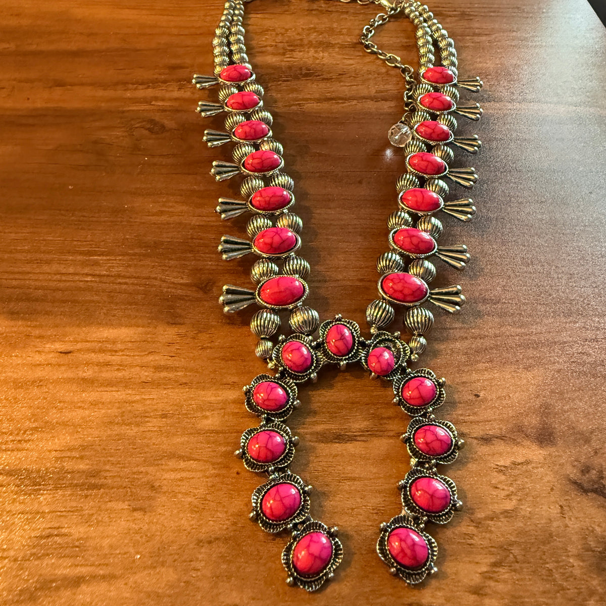Handcrafted Boho Silver Squash Blossom Necklace With Faux Coral  Stone Silver Elegant