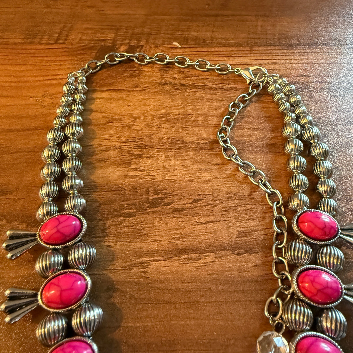 Handcrafted Boho Silver Squash Blossom Necklace With Faux Coral  Stone Silver Elegant