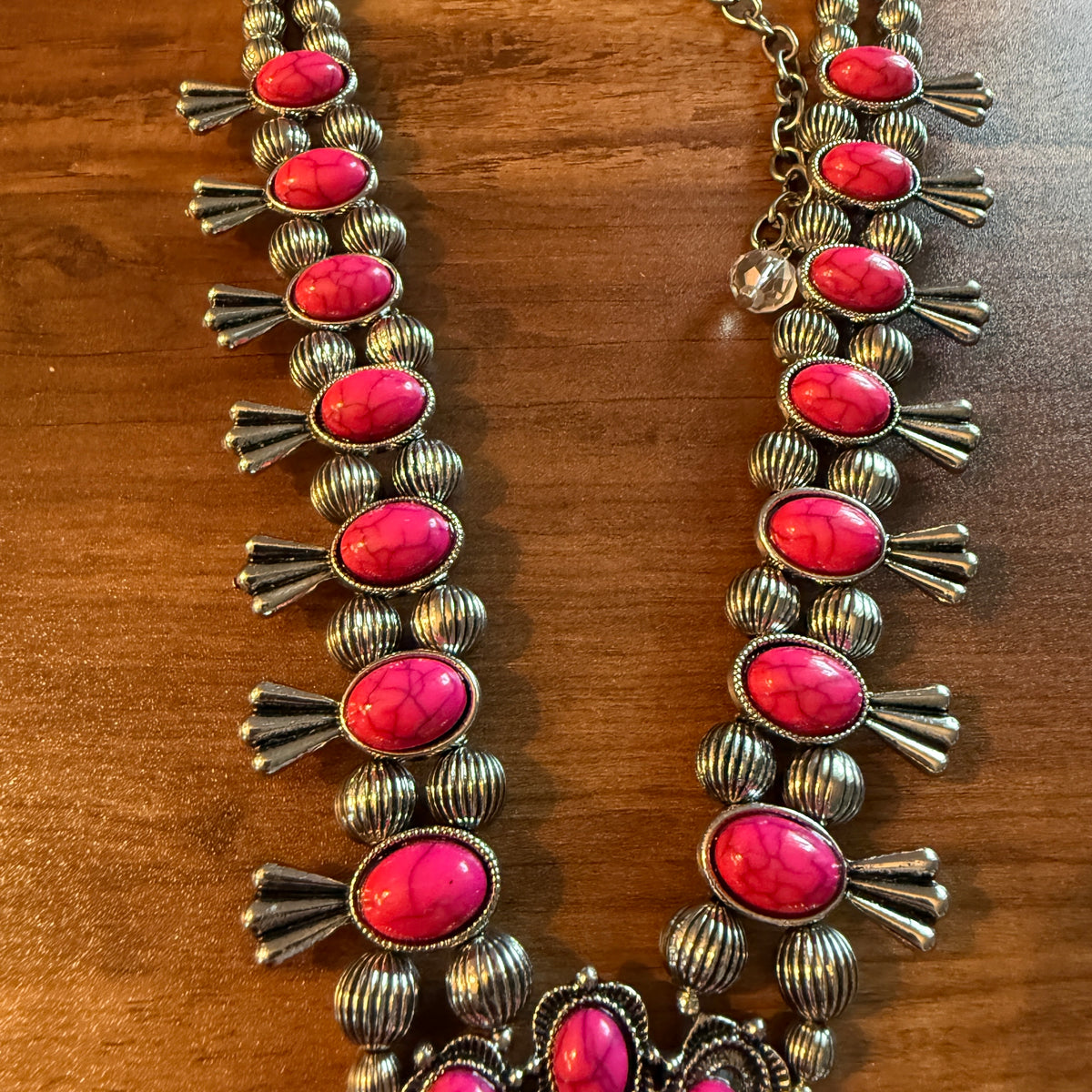 Handcrafted Boho Silver Squash Blossom Necklace With Faux Coral  Stone Silver Elegant