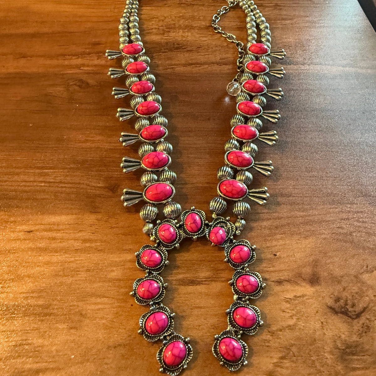Handcrafted Boho Silver Squash Blossom Necklace With Faux Coral  Stone Silver Elegant