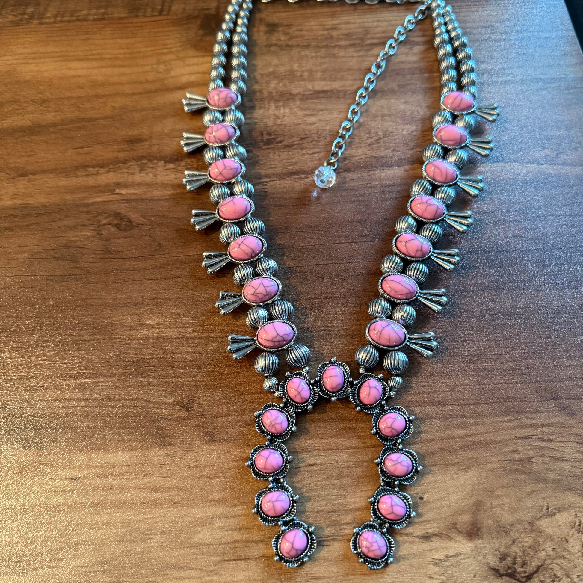 Boho Light Pink Faux Stone Squash Blossom Necklace With Vintage Charm, Silver Tone Silver Elegant