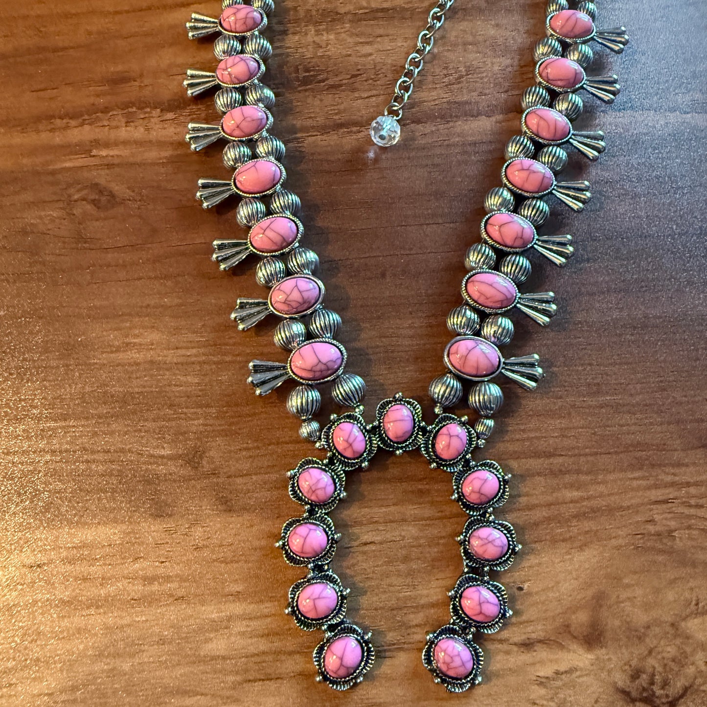 Boho Light Pink Faux Stone Squash Blossom Necklace With Vintage Charm, Silver Tone Silver Elegant