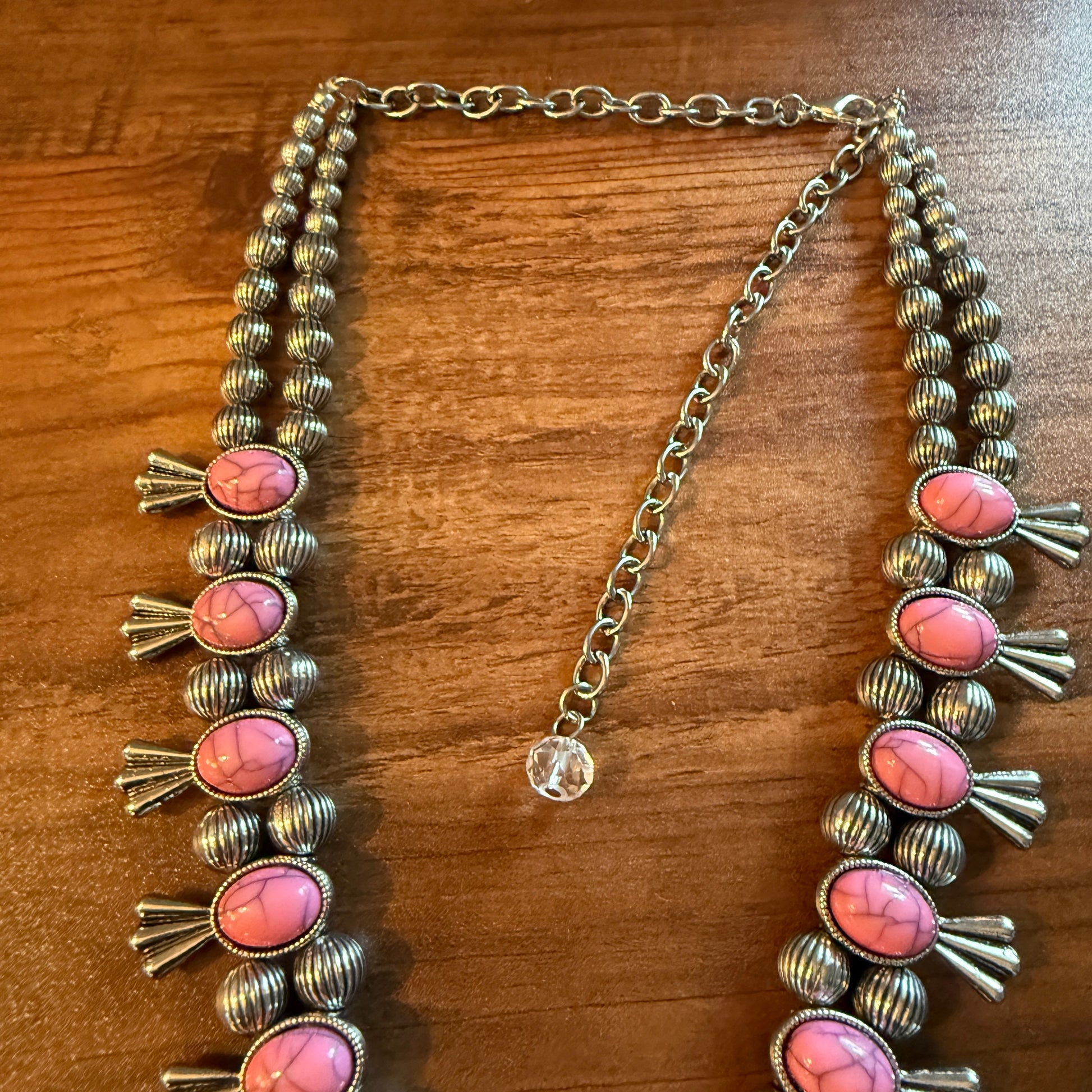 Boho Light Pink Faux Stone Squash Blossom Necklace With Vintage Charm, Silver Tone Silver Elegant