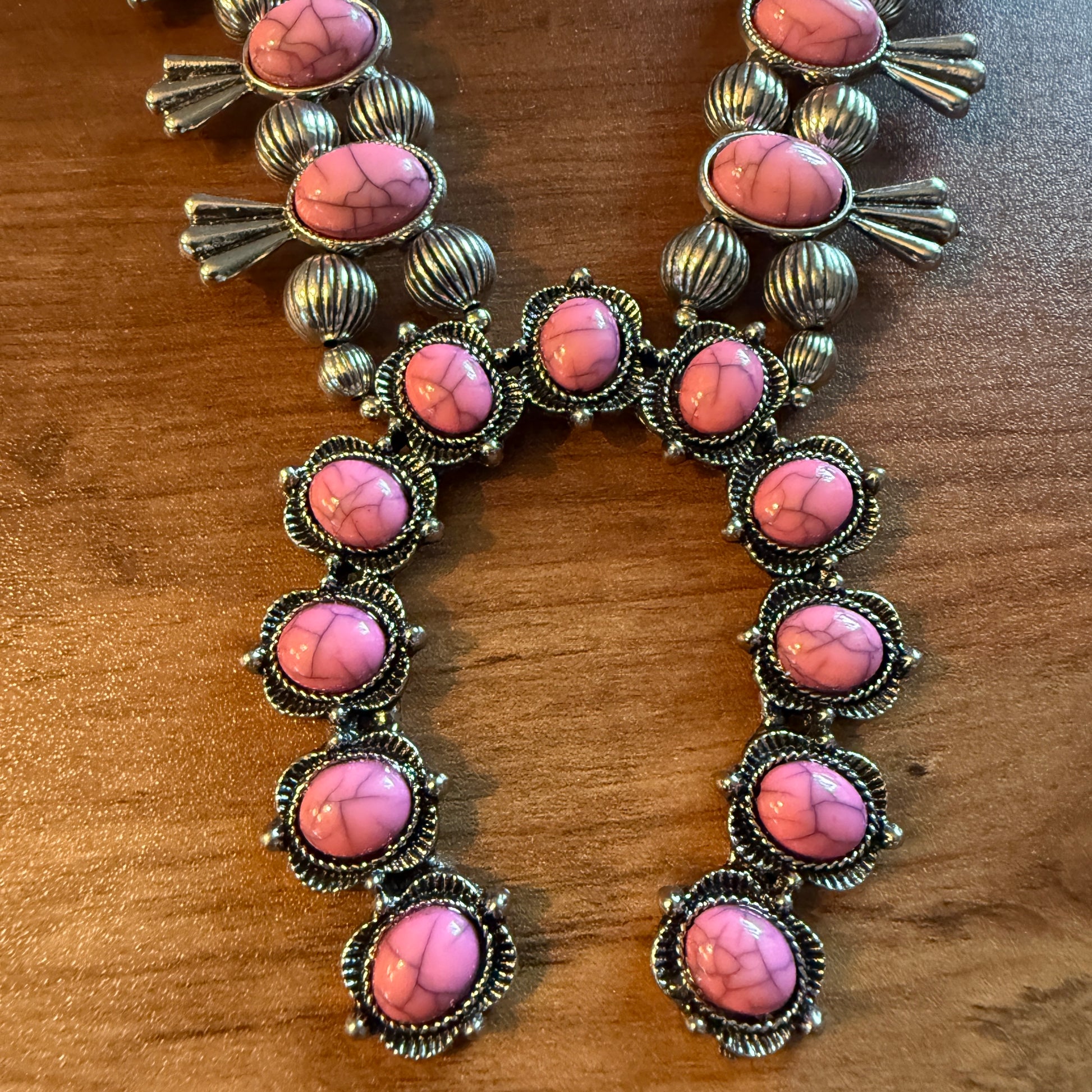Boho Light Pink Faux Stone Squash Blossom Necklace With Vintage Charm, Silver Tone Silver Elegant