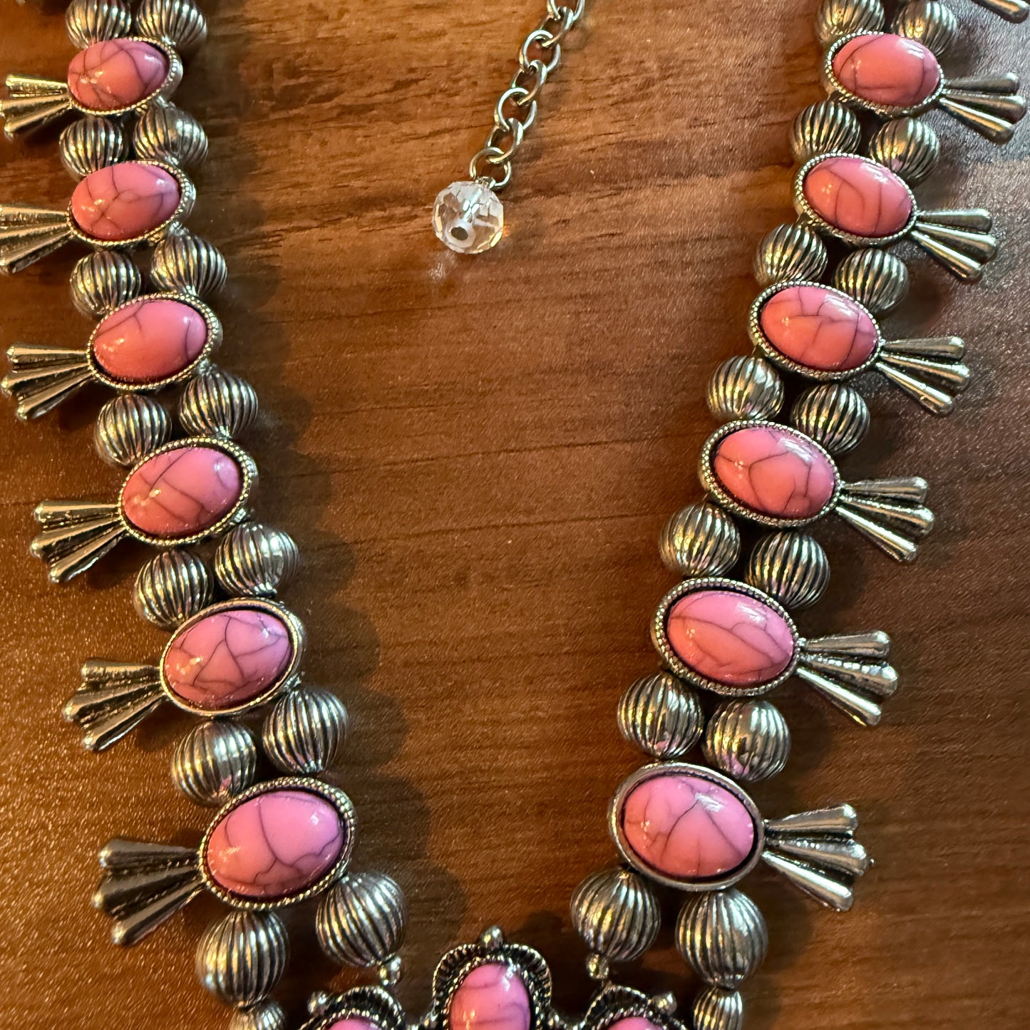 Boho Light Pink Faux Stone Squash Blossom Necklace With Vintage Charm, Silver Tone Silver Elegant
