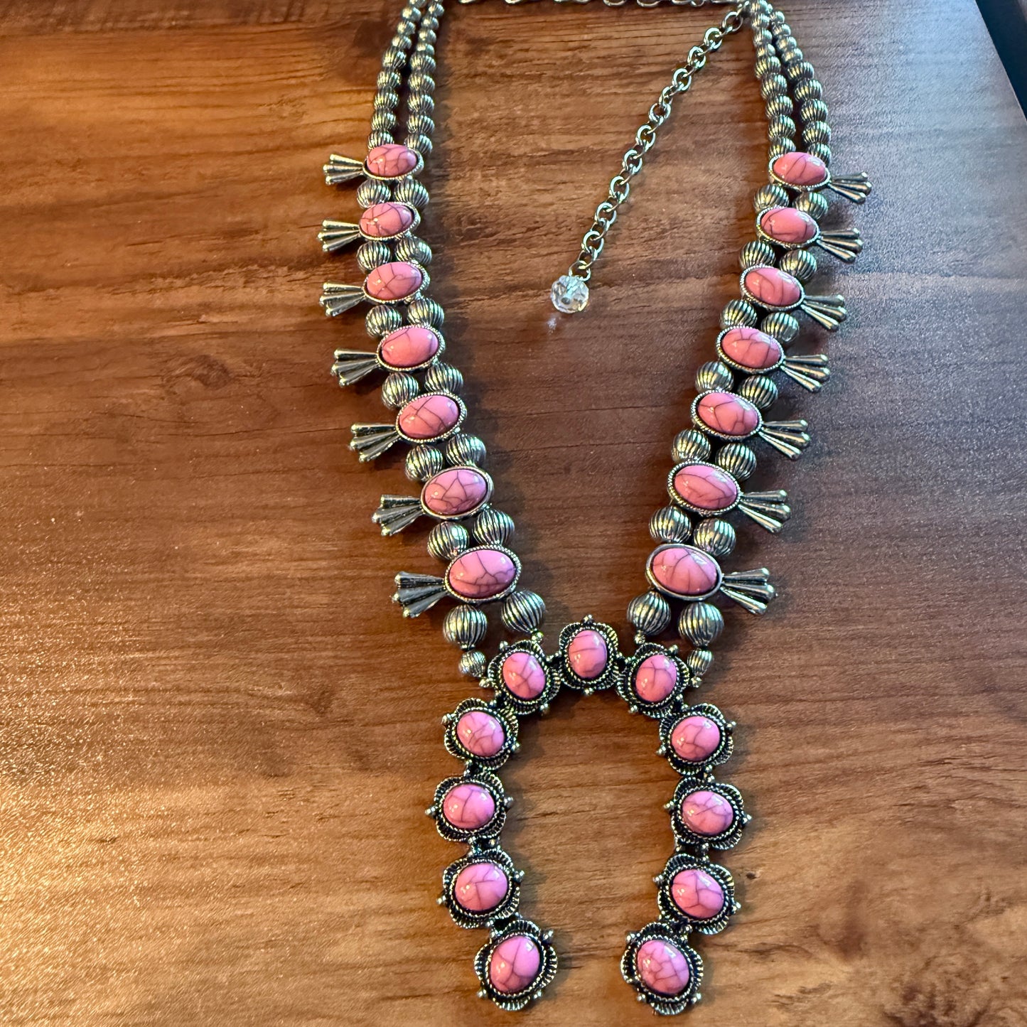 Boho Light Pink Faux Stone Squash Blossom Necklace With Vintage Charm, Silver Tone Silver Elegant