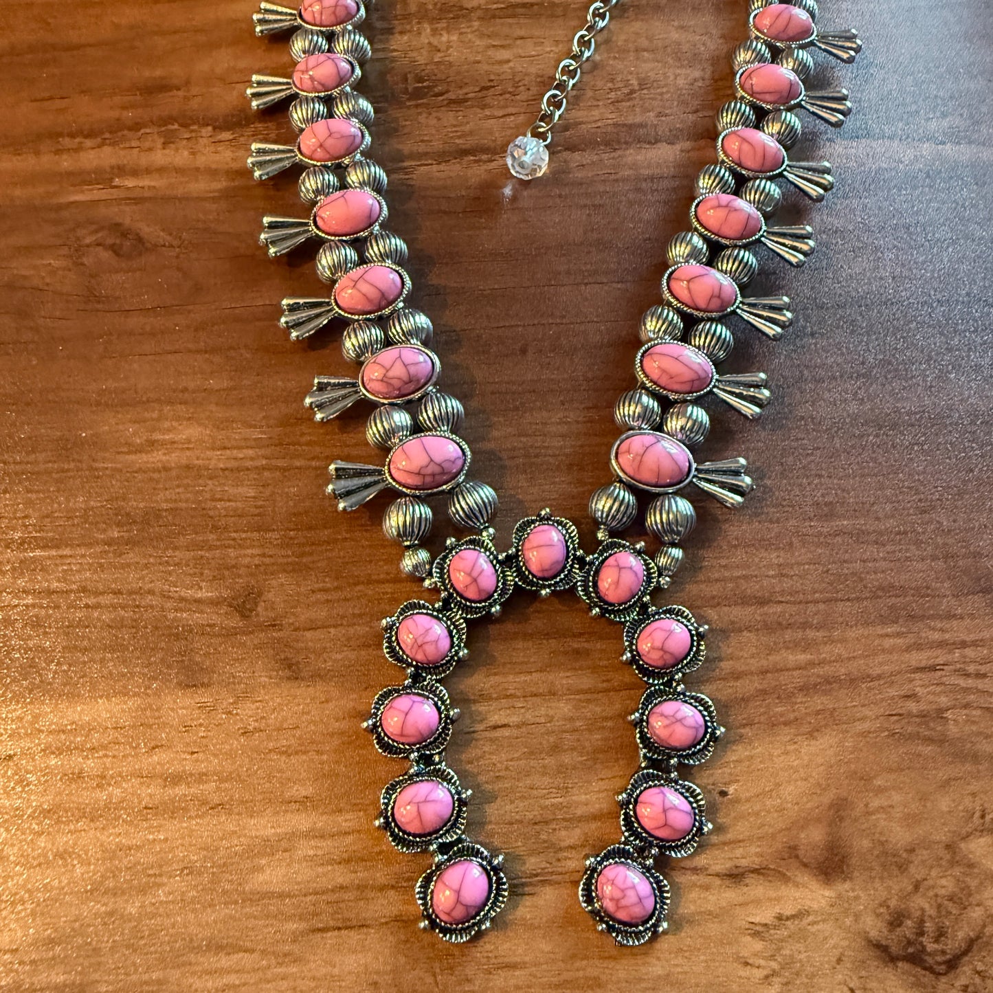 Boho Light Pink Faux Stone Squash Blossom Necklace With Vintage Charm, Silver Tone Silver Elegant