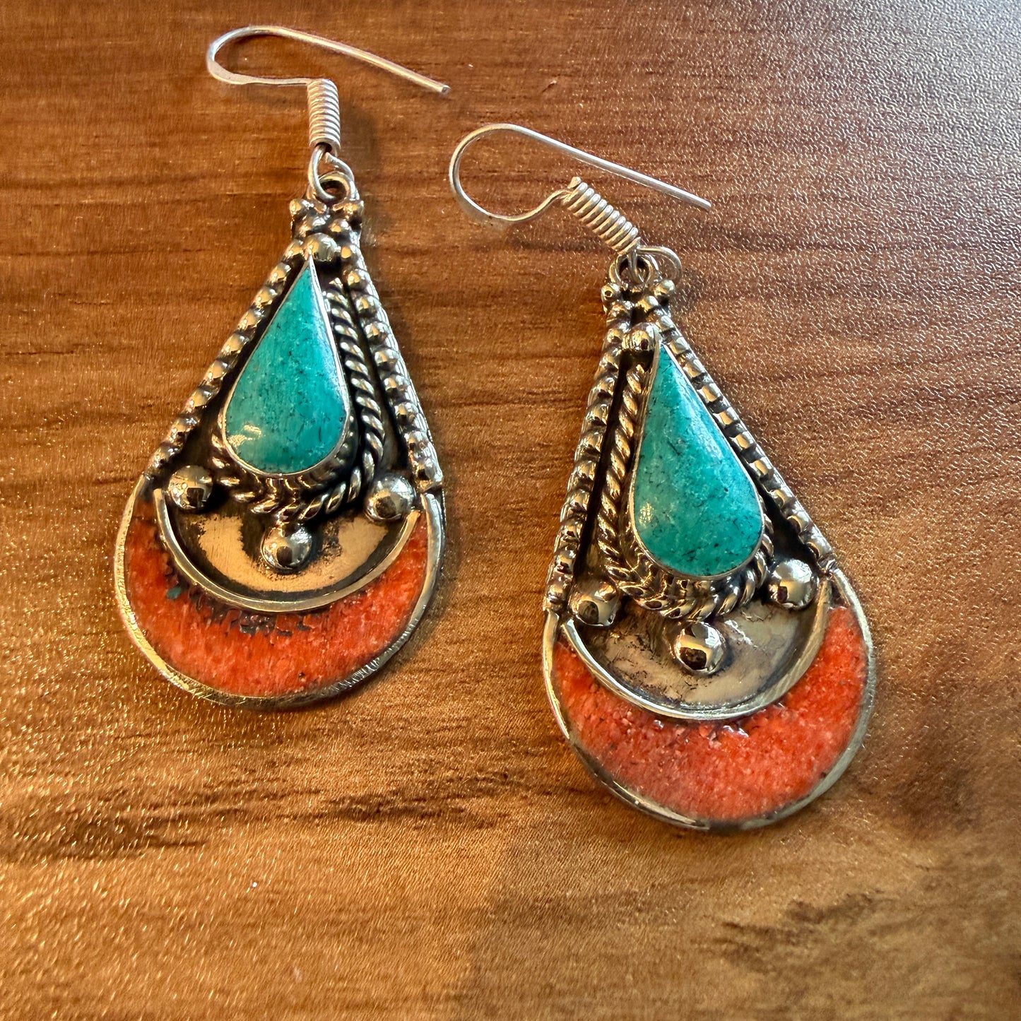 Navajo Style Blue Turquoise And Red Coral German Silver Wire Drop Earrings, 2.5 inches Silver Elegant