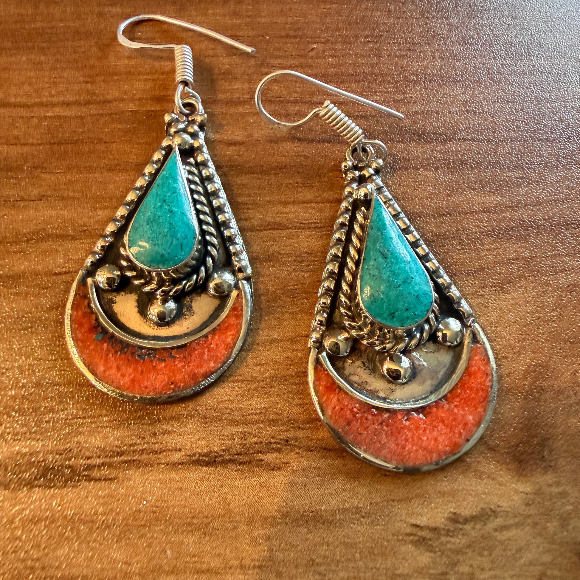 Navajo Style Blue Turquoise And Red Coral German Silver Wire Drop Earrings, 2.5 inches Silver Elegant