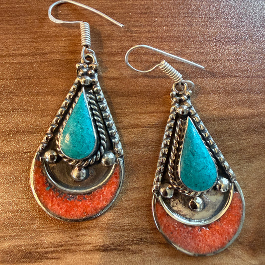 Navajo Style Blue Turquoise And Red Coral German Silver Wire Drop Earrings, 2.5 inches Silver Elegant