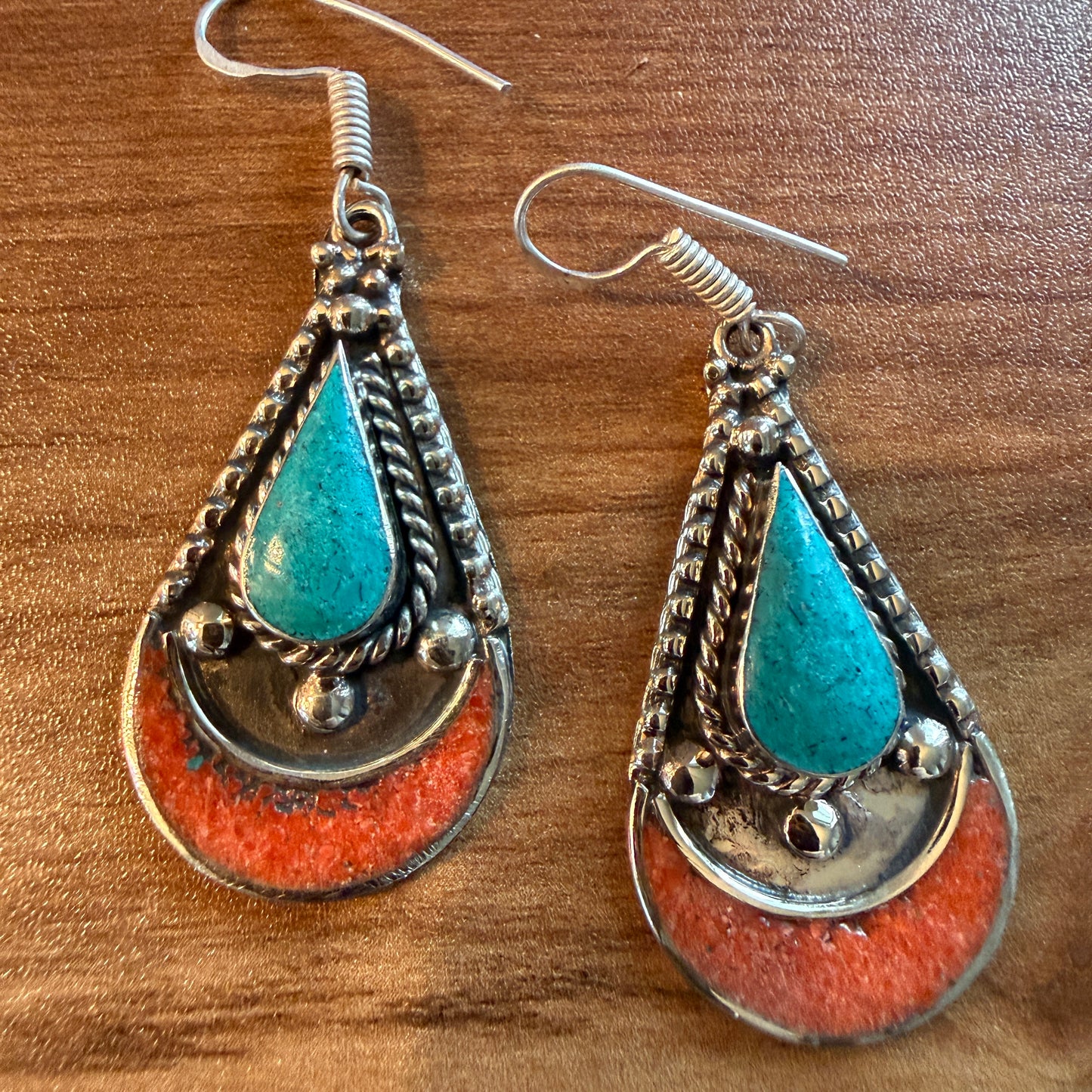 Navajo Style Blue Turquoise And Red Coral German Silver Wire Drop Earrings, 2.5 inches Silver Elegant