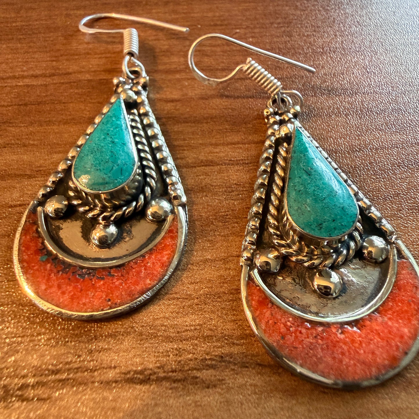 Navajo Style Blue Turquoise And Red Coral German Silver Wire Drop Earrings, 2.5 inches Silver Elegant
