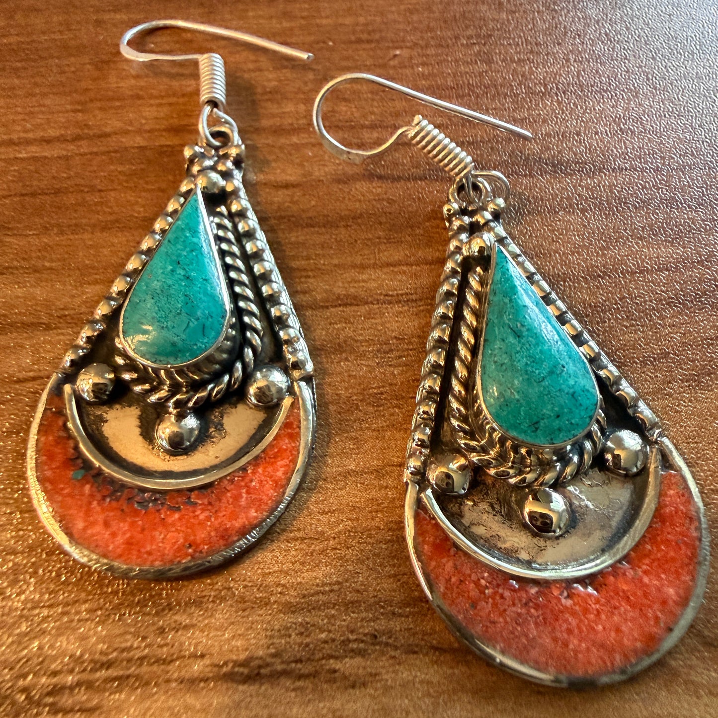 Navajo Style Blue Turquoise And Red Coral German Silver Wire Drop Earrings, 2.5 inches Silver Elegant