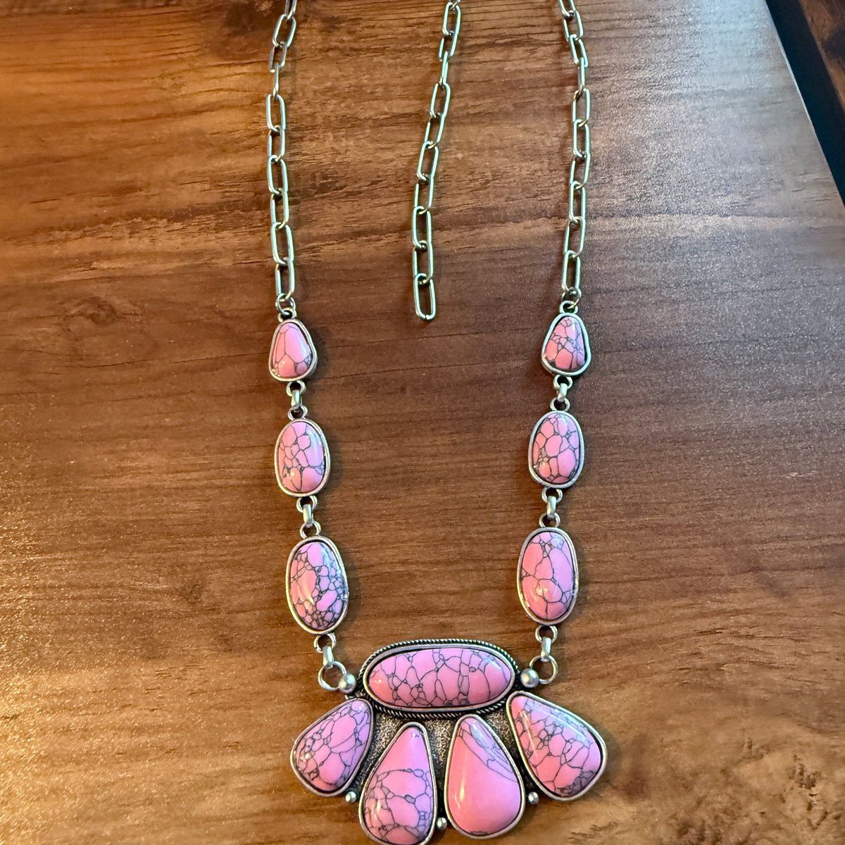 Handcrafted Boho Faux Light Pink Stone Animal Claw Necklace On Silver Chain 29 Inches Silver Elegant