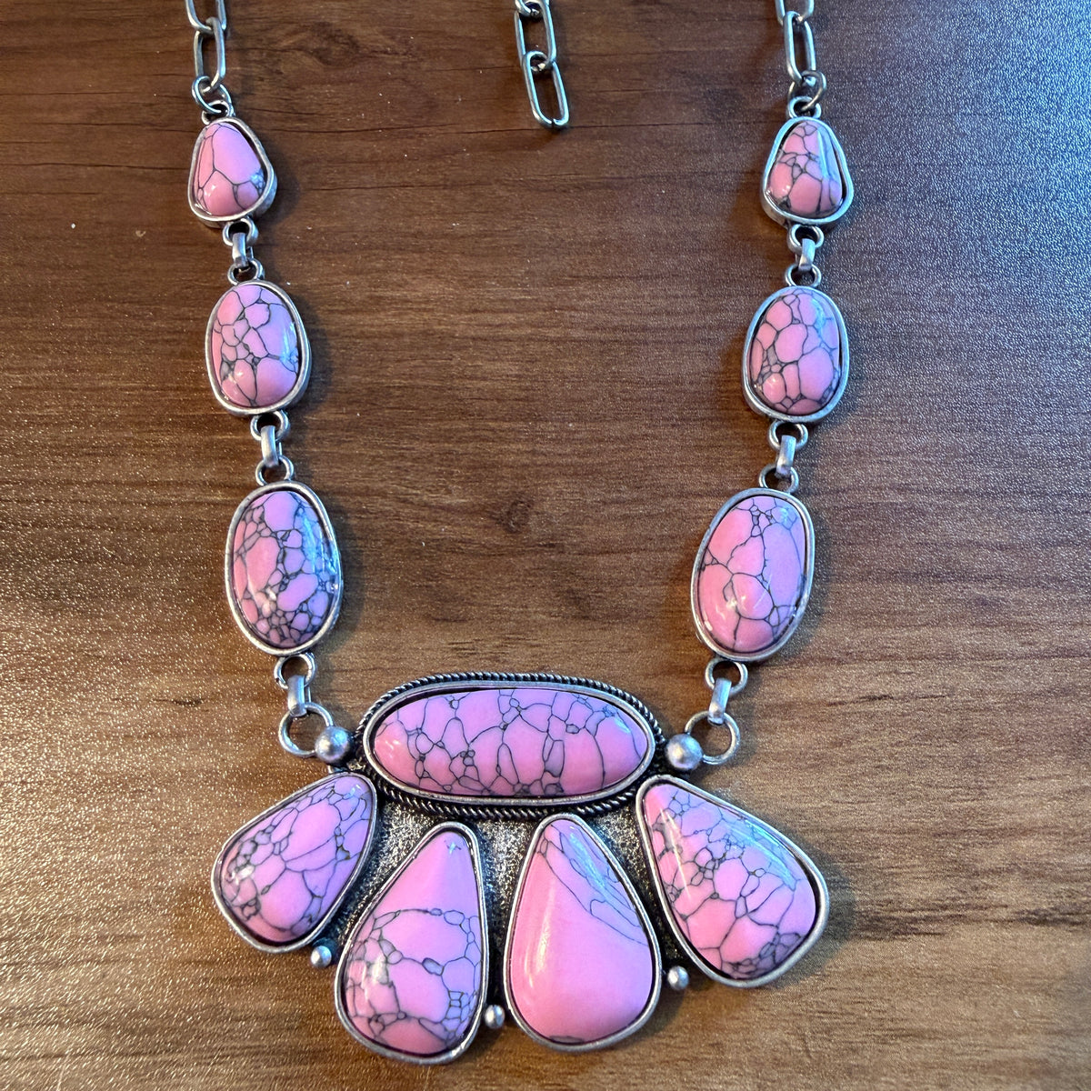 Handcrafted Boho Faux Light Pink Stone Animal Claw Necklace On Silver Chain 29 Inches Silver Elegant