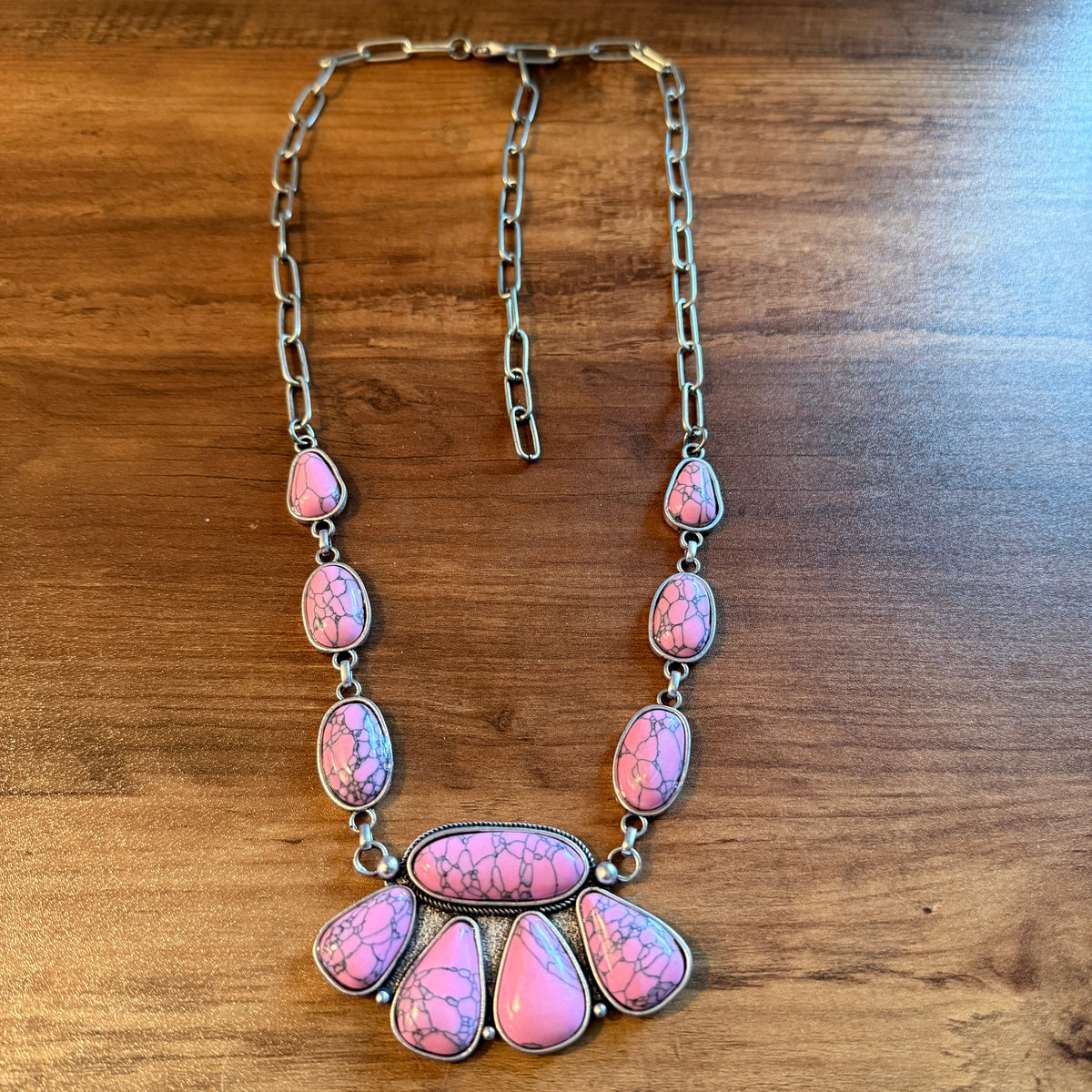 Handcrafted Boho Faux Light Pink Stone Animal Claw Necklace On Silver Chain 29 Inches Silver Elegant