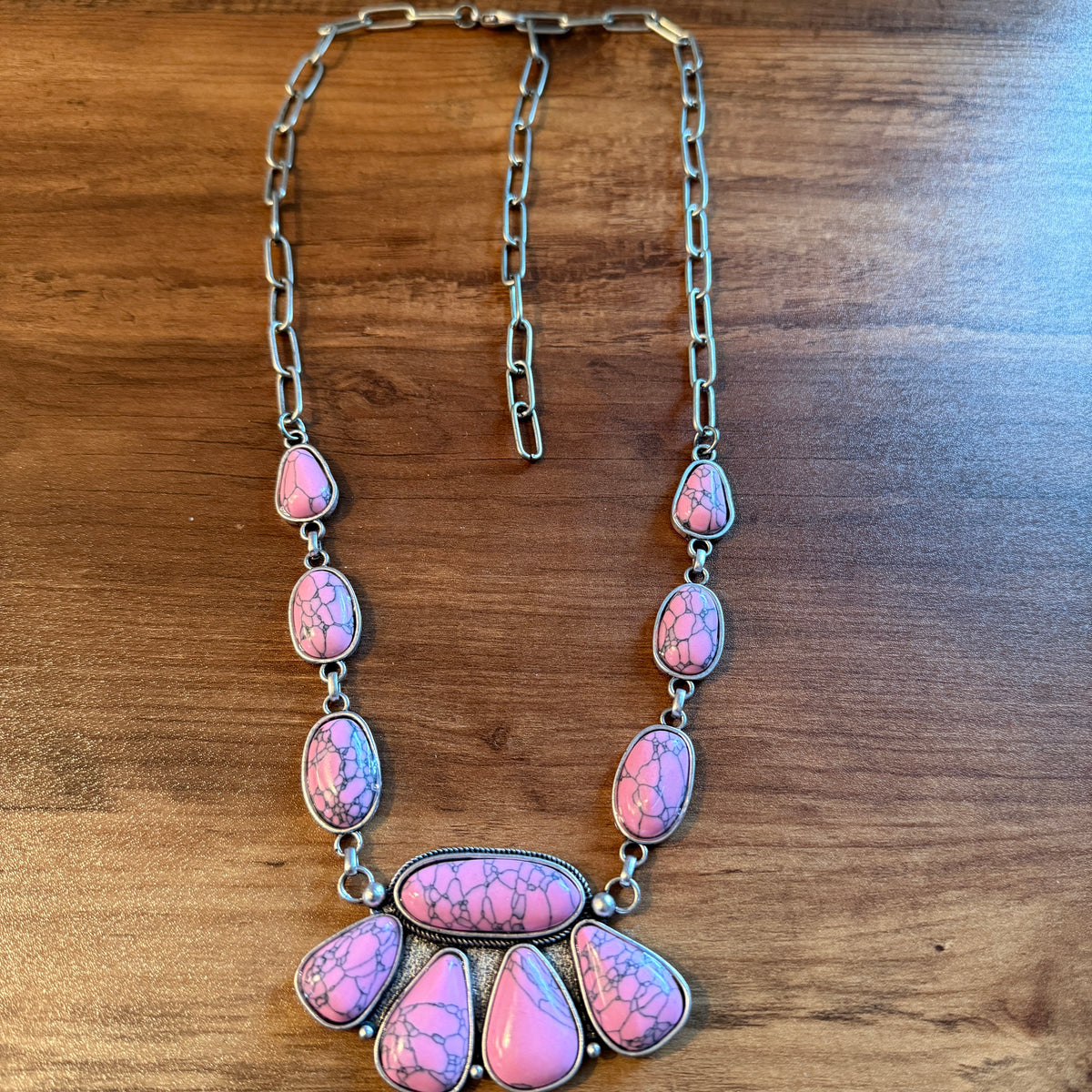 Handcrafted Boho Faux Light Pink Stone Animal Claw Necklace On Silver Chain 29 Inches Silver Elegant