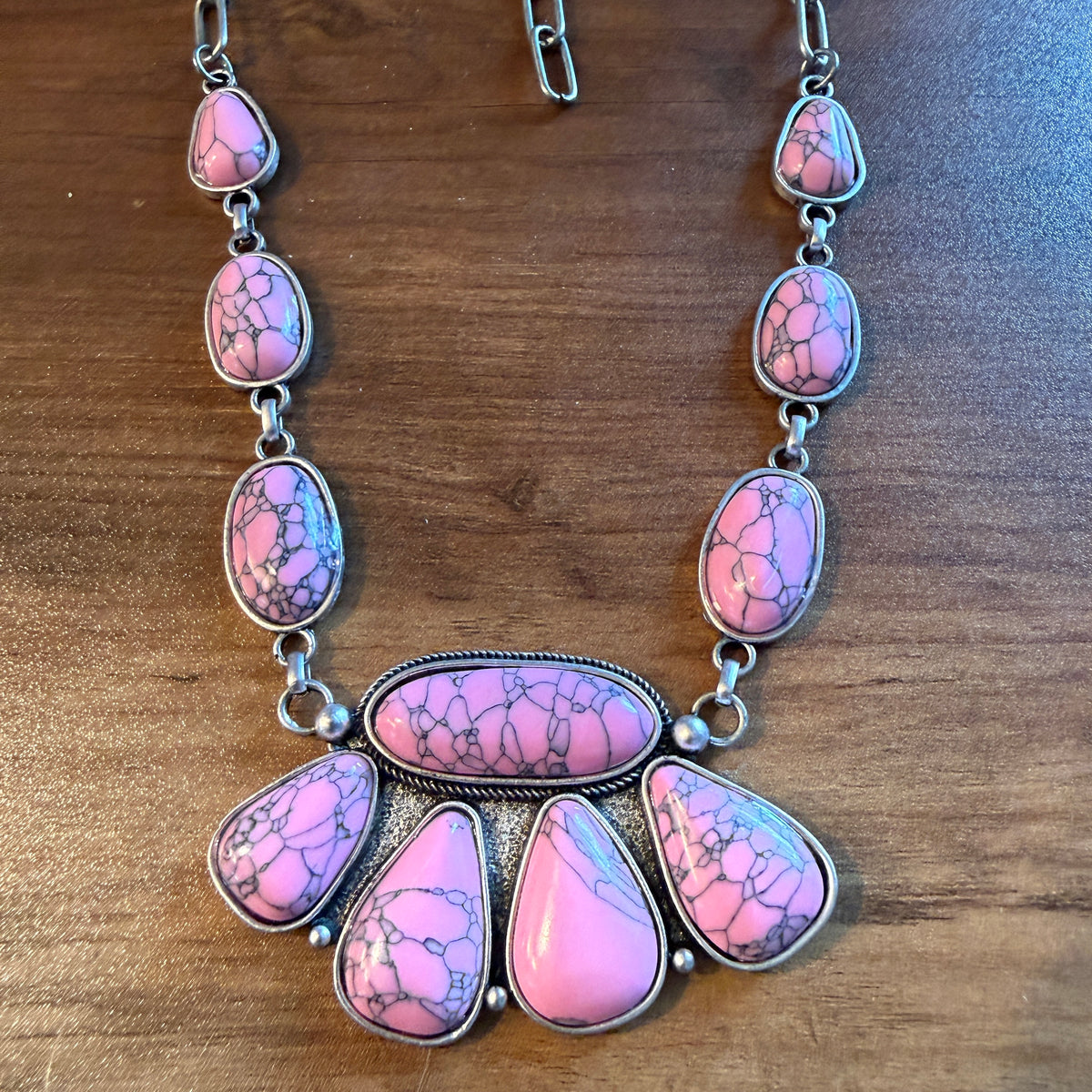 Handcrafted Boho Faux Light Pink Stone Animal Claw Necklace On Silver Chain 29 Inches Silver Elegant