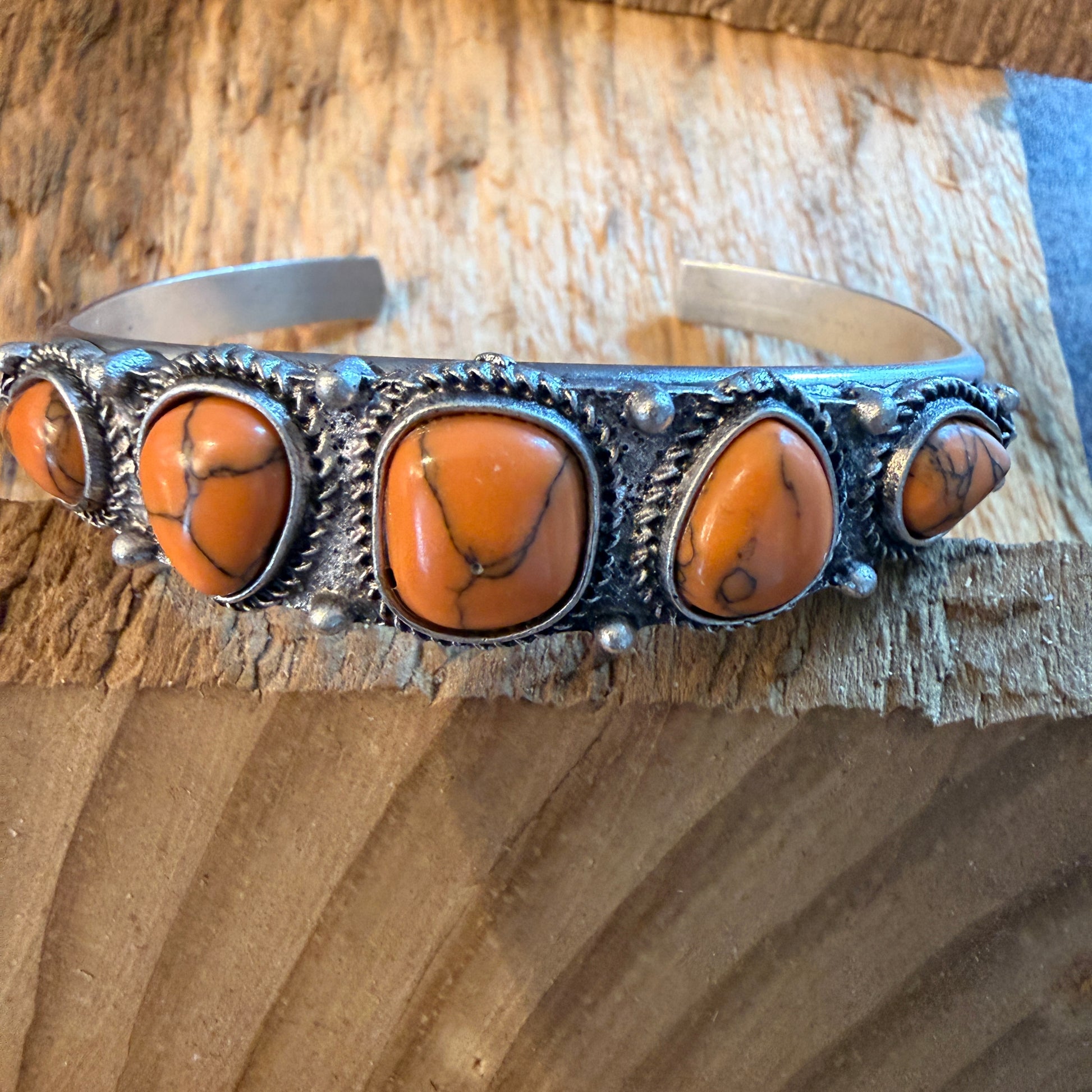 Navajo Style Orange Turquoise Stone Silver Metal Bangle Bracelet Silver Elegant