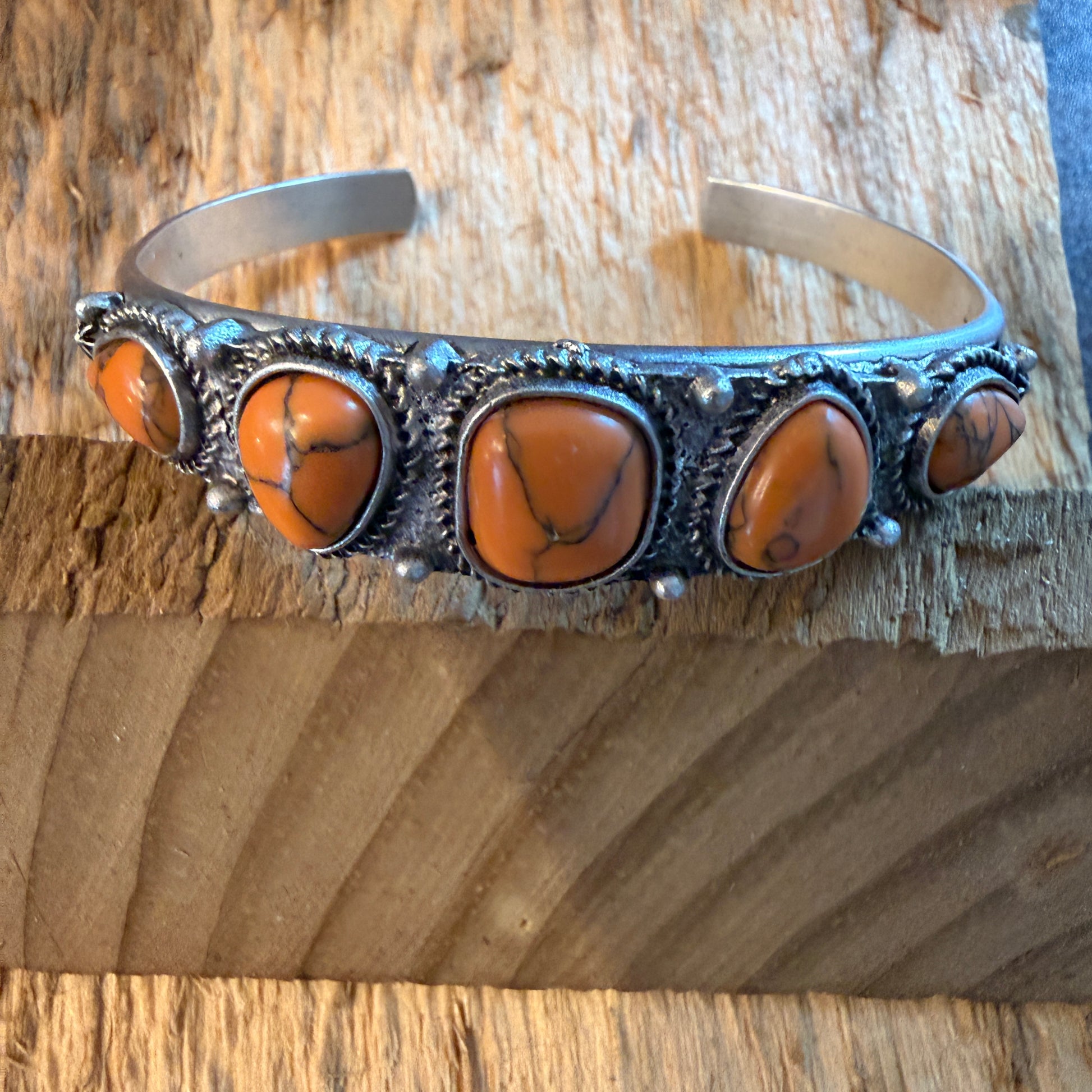 Navajo Style Orange Turquoise Stone Silver Metal Bangle Bracelet Silver Elegant