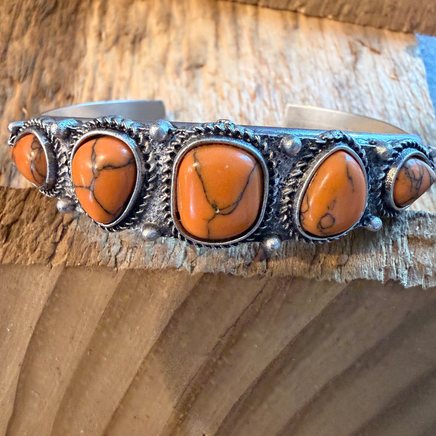 Navajo Style Orange Turquoise Stone Silver Metal Bangle Bracelet Silver Elegant
