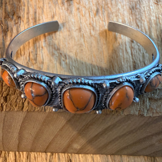Navajo Style Orange Turquoise Stone Silver Metal Bangle Bracelet Silver Elegant
