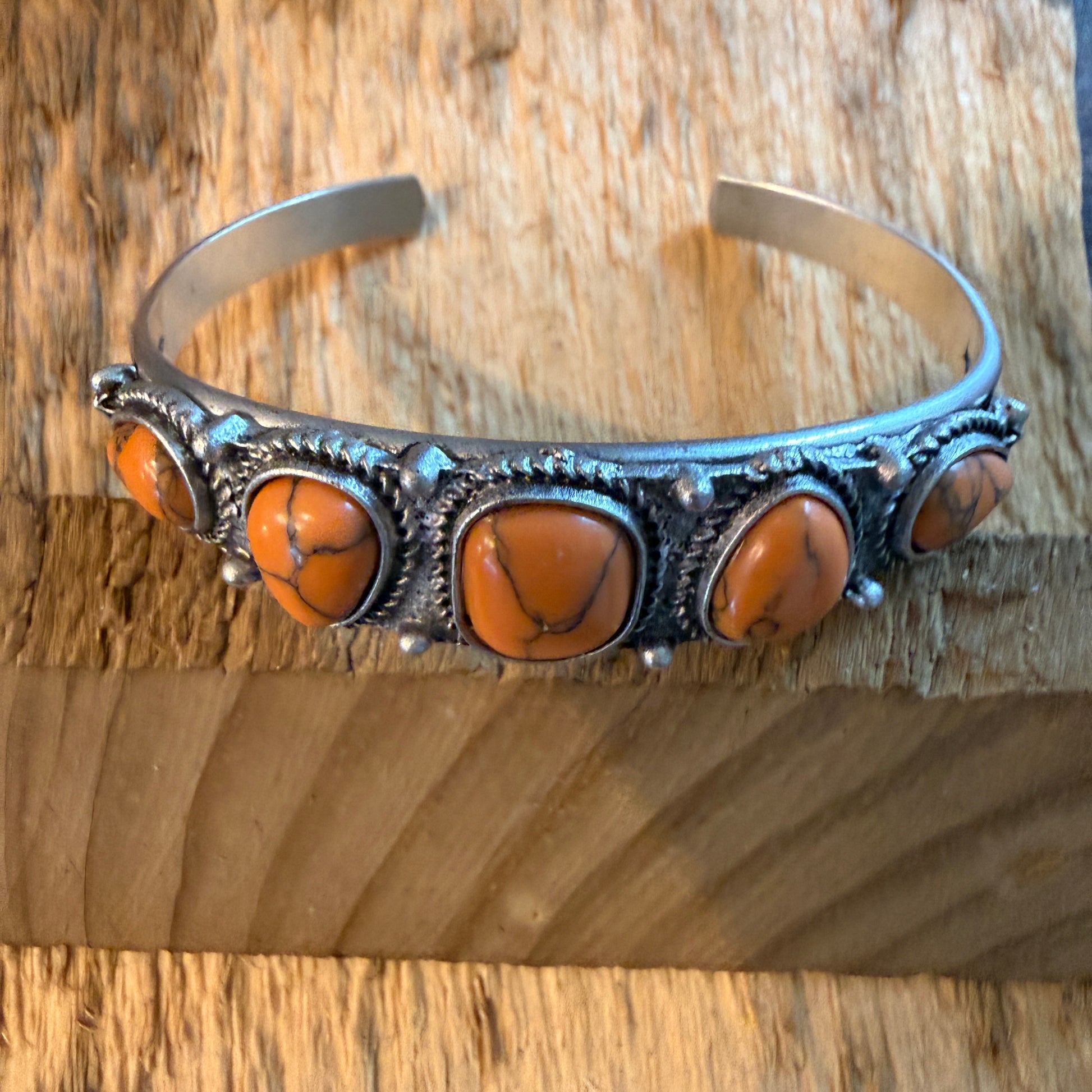 Navajo Style Orange Turquoise Stone Silver Metal Bangle Bracelet Silver Elegant