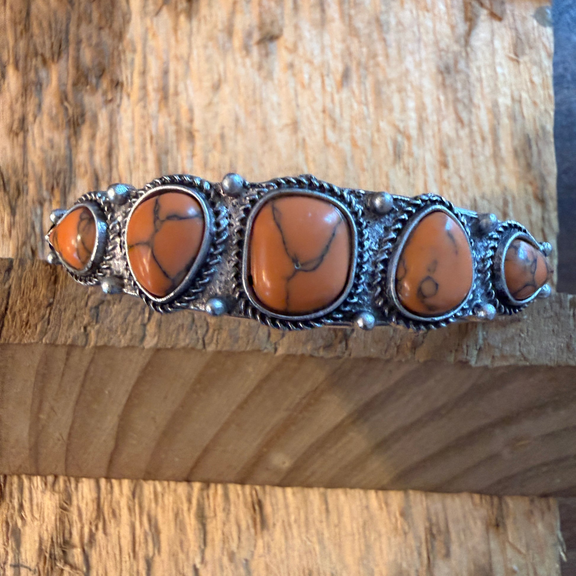 Navajo Style Orange Turquoise Stone Silver Metal Bangle Bracelet Silver Elegant