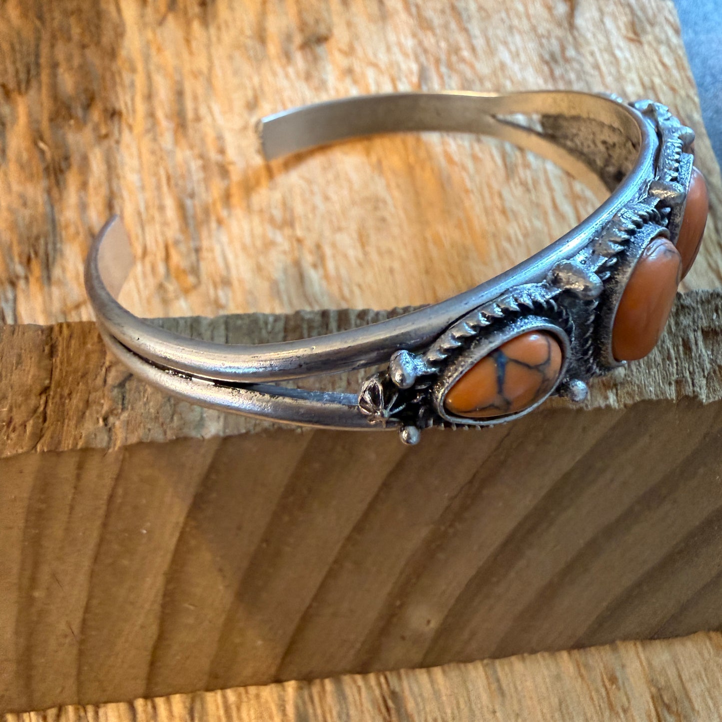 Navajo Style Orange Turquoise Stone Silver Metal Bangle Bracelet Silver Elegant